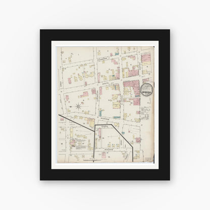 Old map wall art mockup — black gallery frame with white mat — Sanborn Fire Insurance Map from Newburgh, Warrick County, Indiana (1886), Sheet #0001