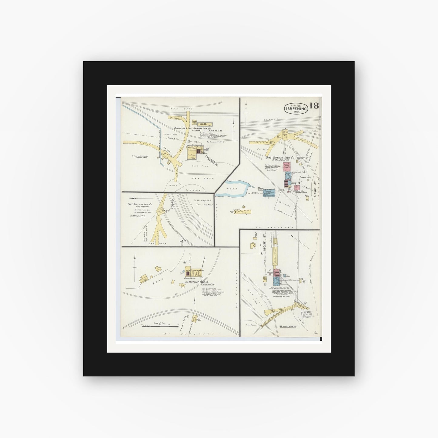 Old map wall art mockup — black gallery frame with white mat — Sanborn Fire Insurance Map from Ishpeming, Marquette County, Michigan (1897), Sheet #0018