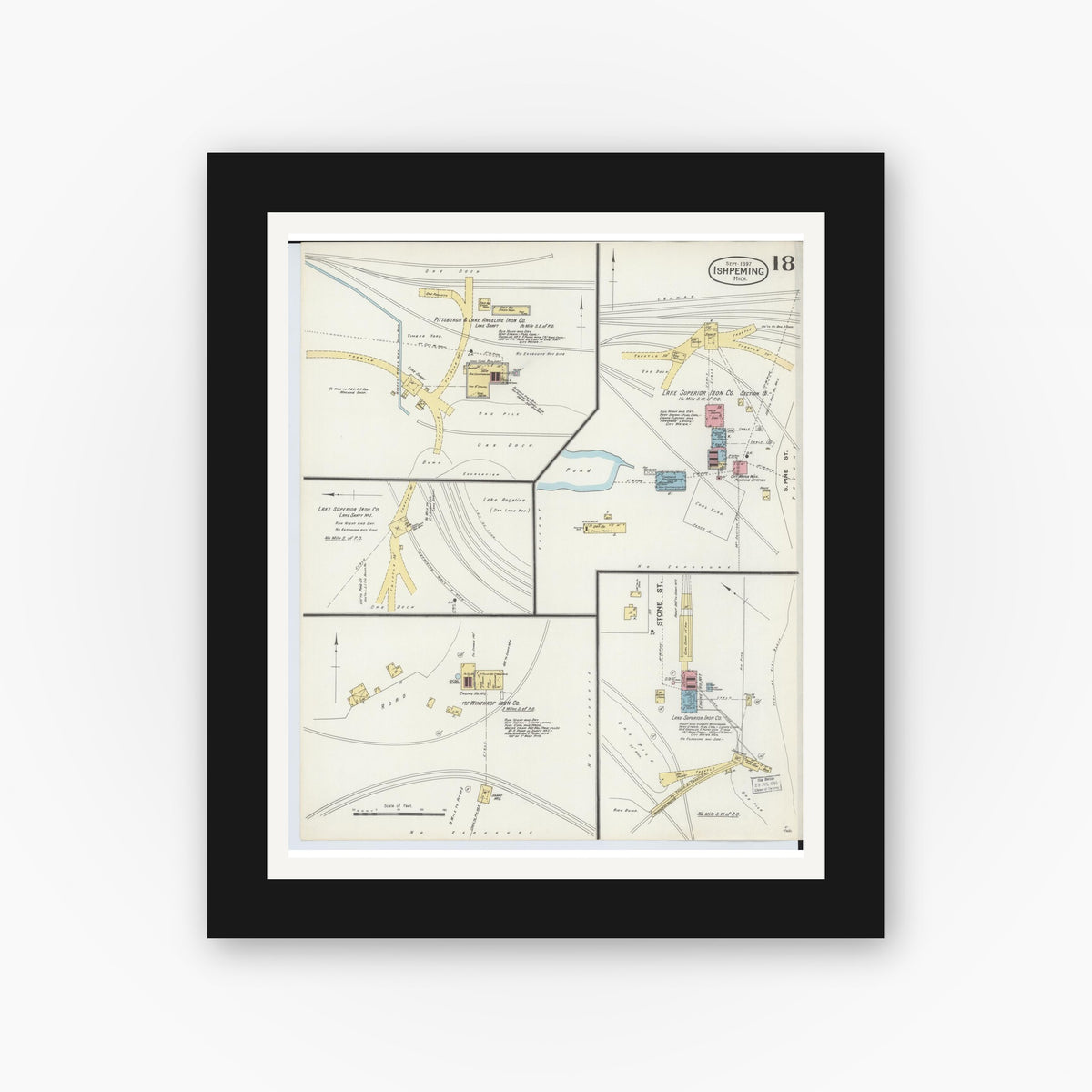 Old map wall art mockup — black gallery frame with white mat — Sanborn Fire Insurance Map from Ishpeming, Marquette County, Michigan (1897), Sheet #0018