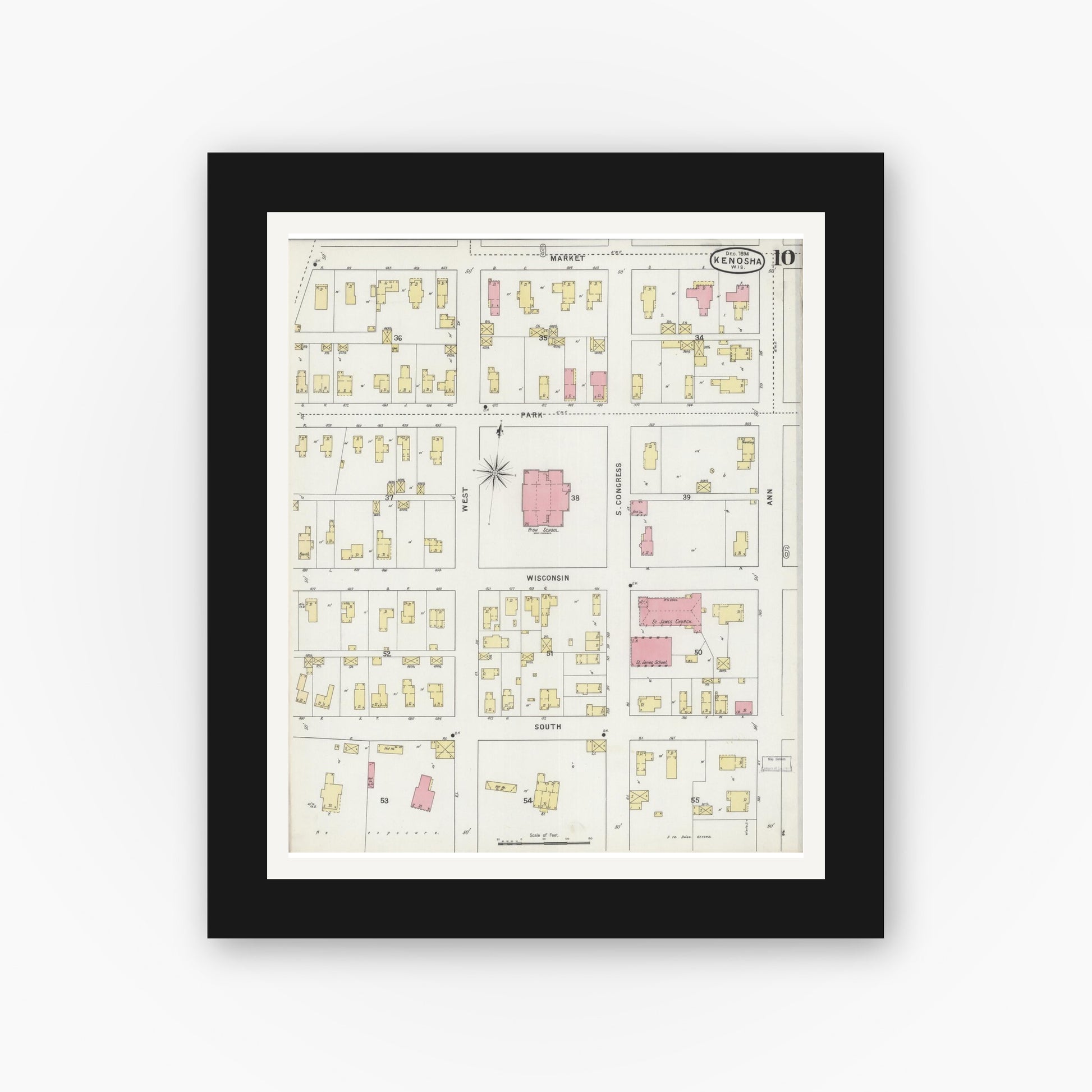 Old map wall art mockup — black gallery frame with white mat — Sanborn Fire Insurance Map from Kenosha, Kenosha County, Wisconsin (1894), Sheet #0010