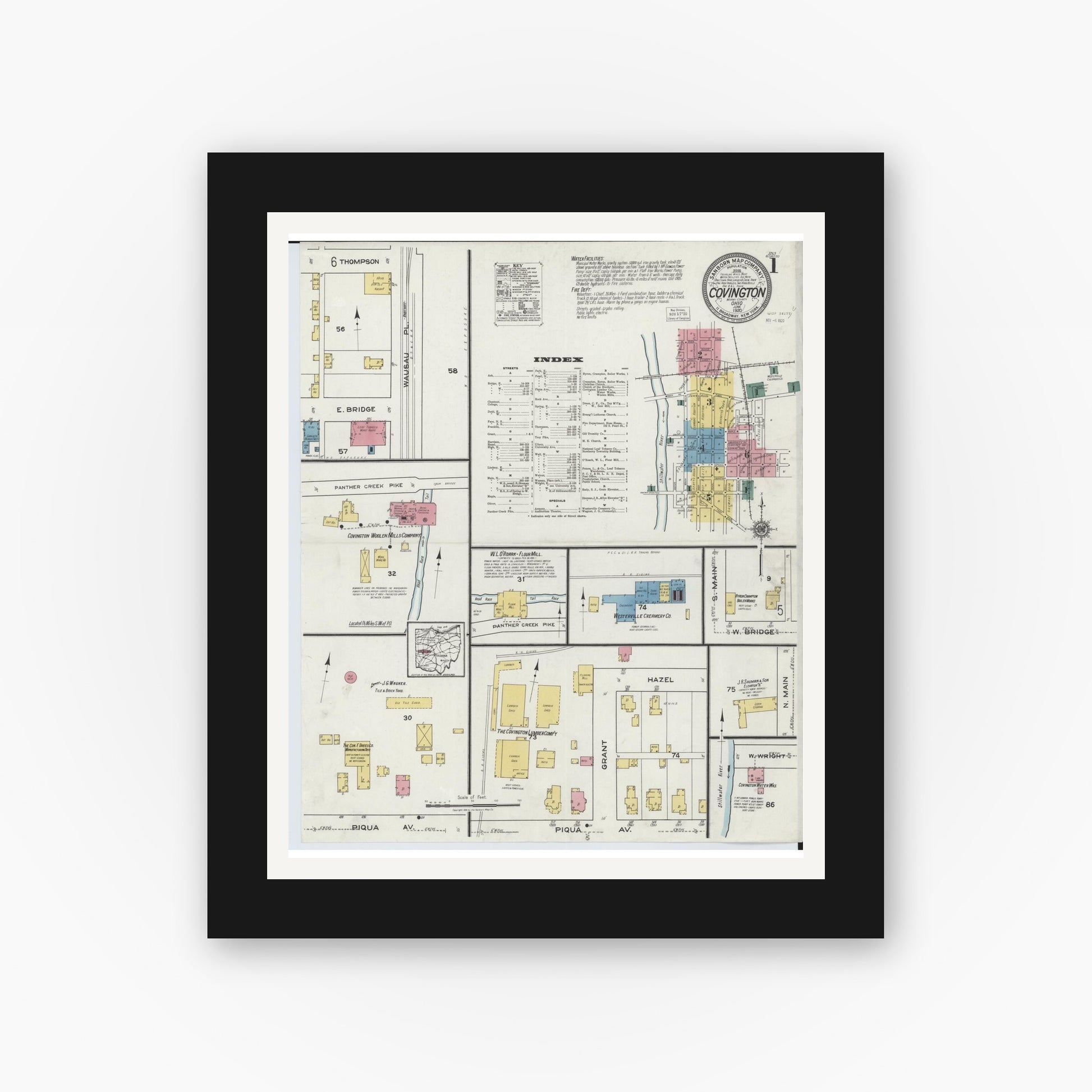 Old map wall art mockup — black gallery frame with white mat — Sanborn Fire Insurance Map from Covington, Miami County, Ohio (1920) - Complete Map Set