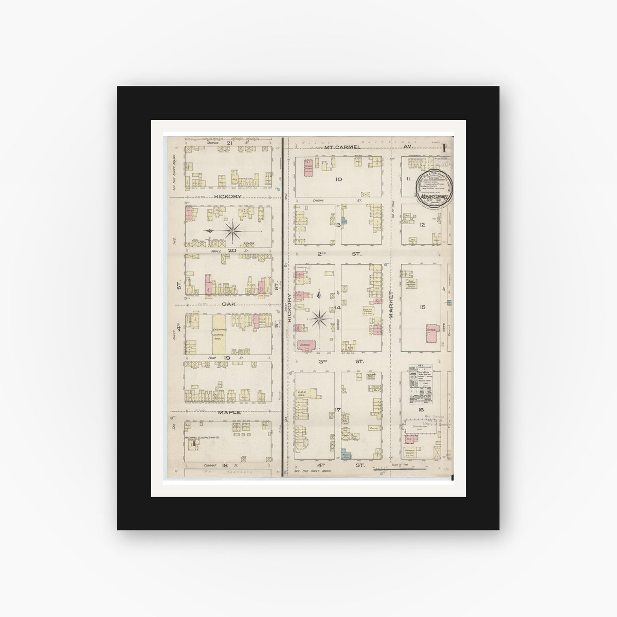 Old map wall art mockup — black gallery frame with white mat — Sanborn Fire Insurance Map from Mount Carmel, Northumberland County, Pennsylvania (1885) - Complete Map Set