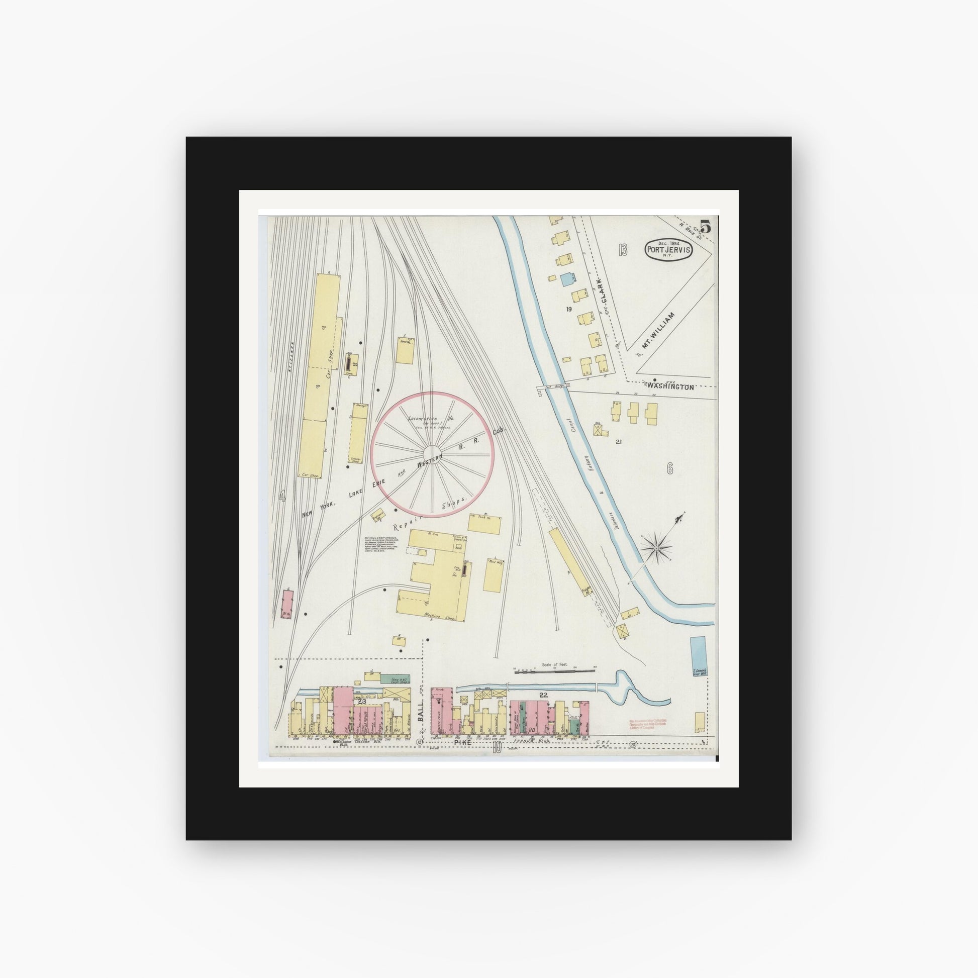 Old map wall art mockup — black gallery frame with white mat — Sanborn Fire Insurance Map from Port Jervis, Orange County, New York (1894), Sheet #0005