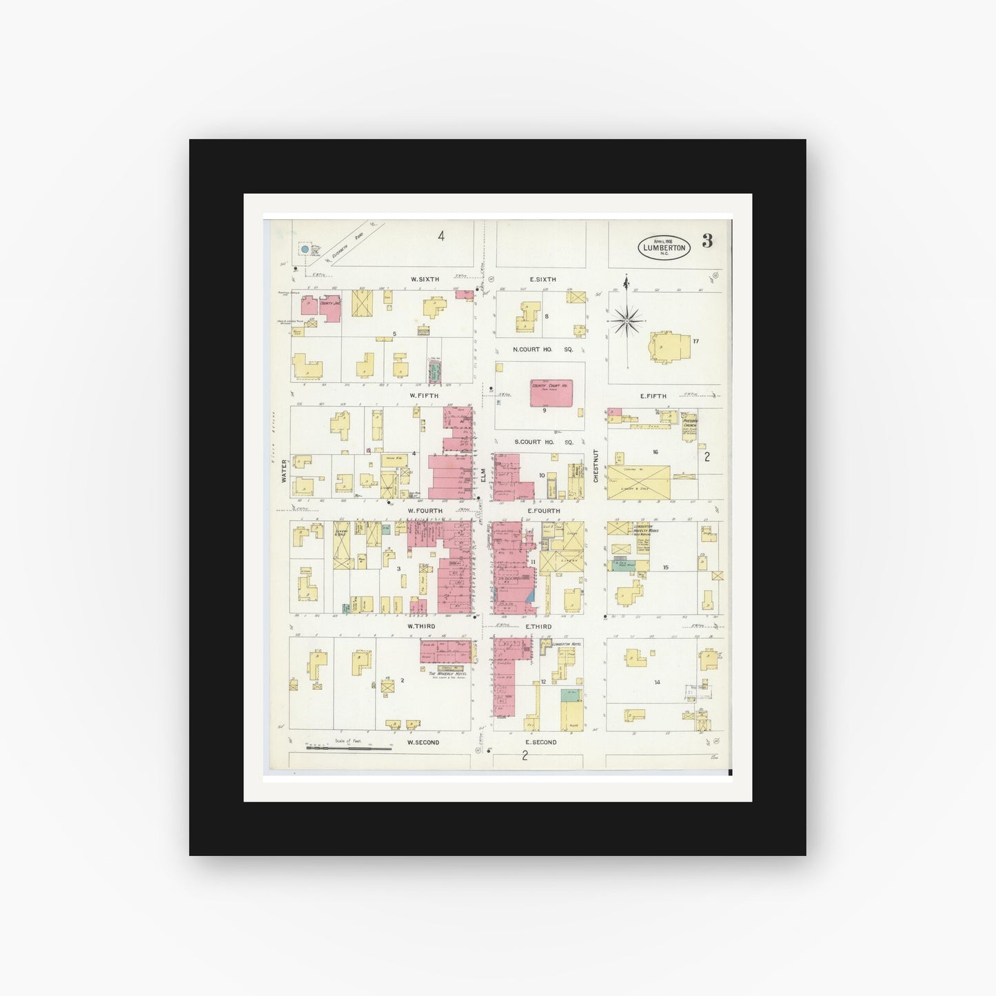 Old map wall art mockup — black gallery frame with white mat — Sanborn Fire Insurance Map from Lumberton, Robeson County, North Carolina (1908), Sheet #0003