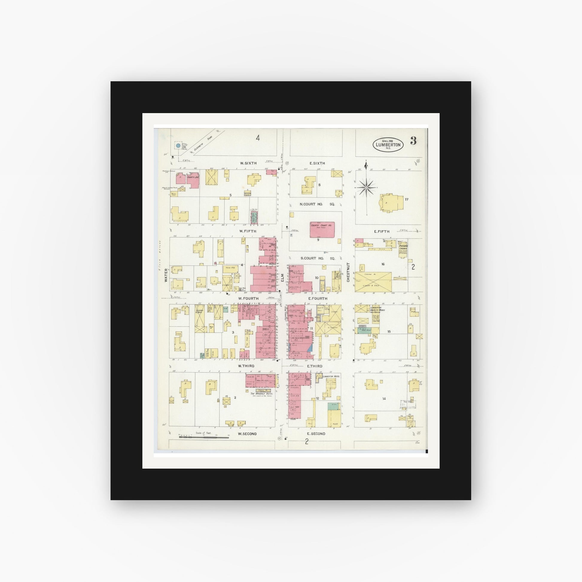 Old map wall art mockup — black gallery frame with white mat — Sanborn Fire Insurance Map from Lumberton, Robeson County, North Carolina (1908), Sheet #0003