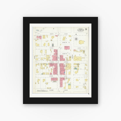 Old map wall art mockup — black gallery frame with white mat — Sanborn Fire Insurance Map from Lumberton, Robeson County, North Carolina (1908), Sheet #0003