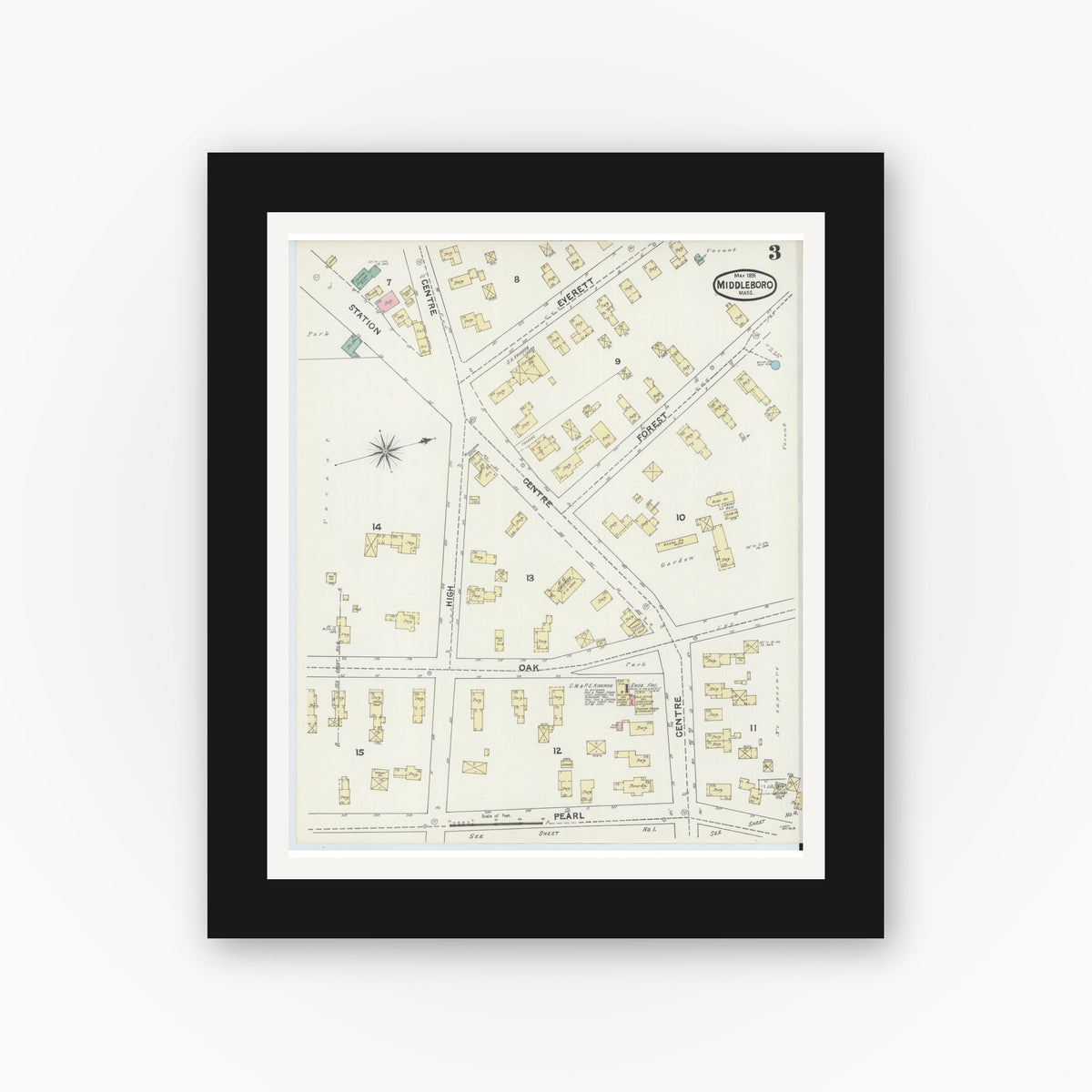 Old map wall art mockup — black gallery frame with white mat — Sanborn Fire Insurance Map from Middleboro, Plymouth County, Massachusetts (1891), Sheet #0003