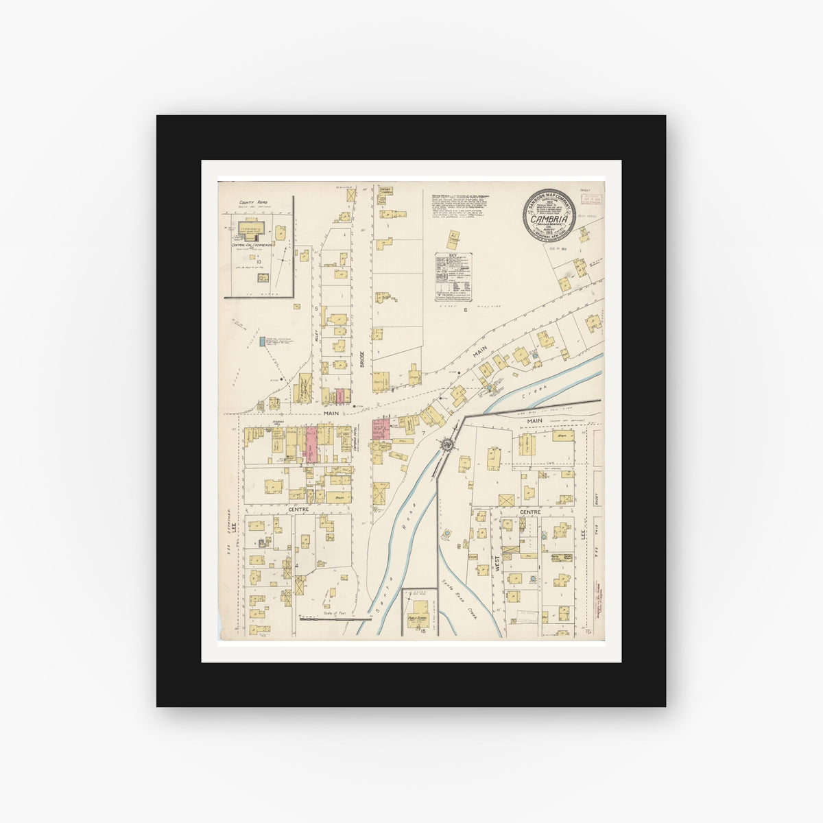 Old map wall art mockup — black gallery frame with white mat — Sanborn Fire Insurance Map from Cambria, San Luis Obispo County, California (1913), Sheet #0001