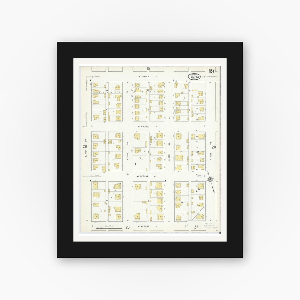 Old map wall art mockup — black gallery frame with white mat — Sanborn Fire Insurance Map from Temple, Bell County, Texas (1915), Sheet #0019