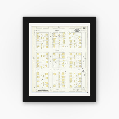 Old map wall art mockup — black gallery frame with white mat — Sanborn Fire Insurance Map from Temple, Bell County, Texas (1915), Sheet #0019