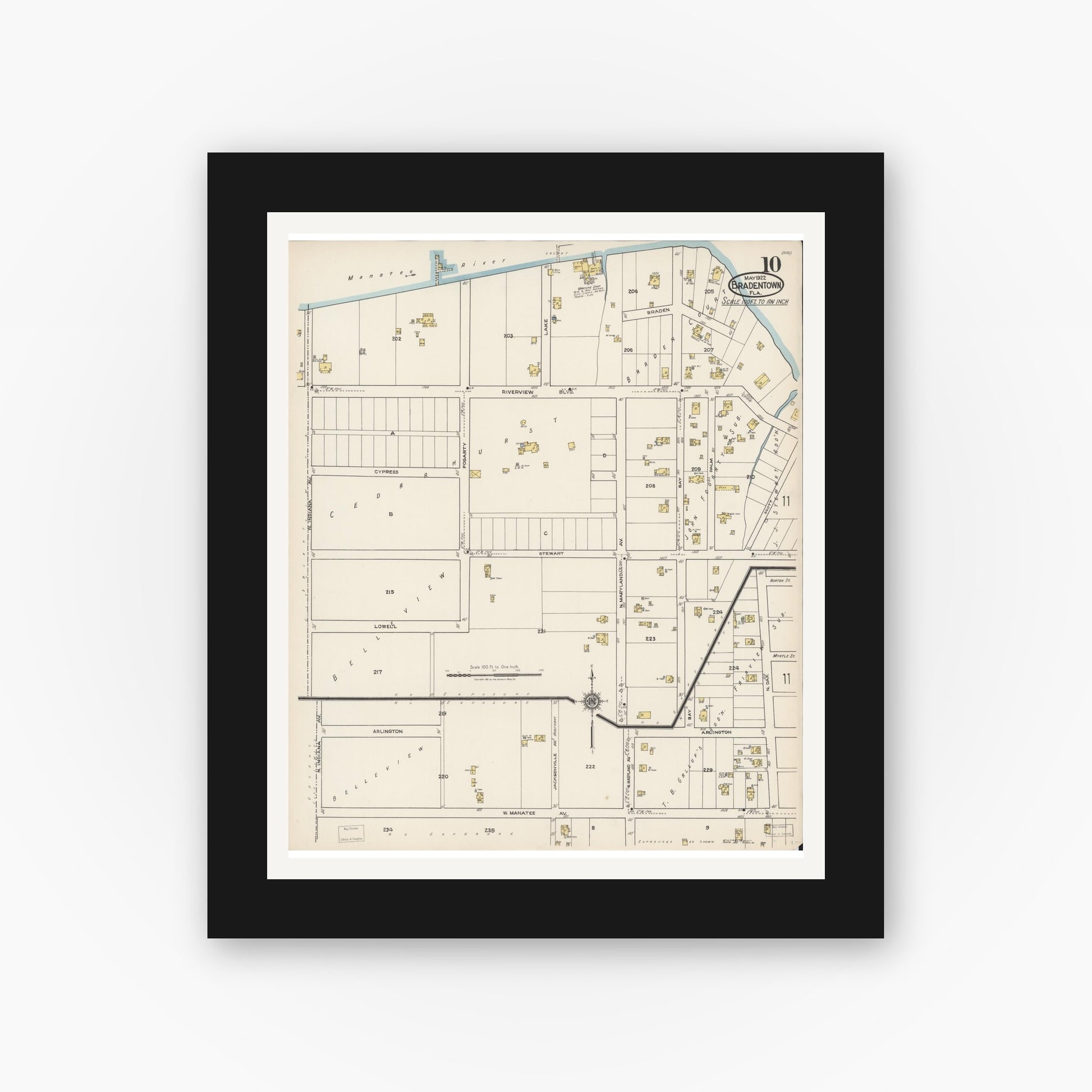 Old map wall art mockup — black gallery frame with white mat — Sanborn Fire Insurance Map from Bradentown, Manatee County, Florida (1922), Sheet #0010