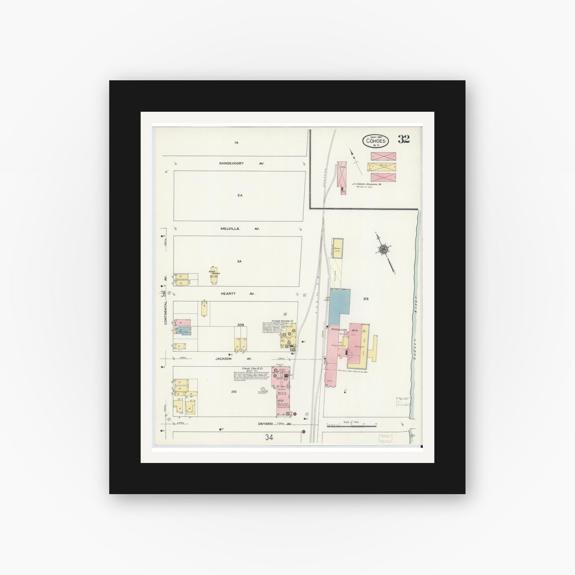 Old map wall art mockup — black gallery frame with white mat — Sanborn Fire Insurance Map from Cohoes, Albany County, New York (1910), Sheet #0032