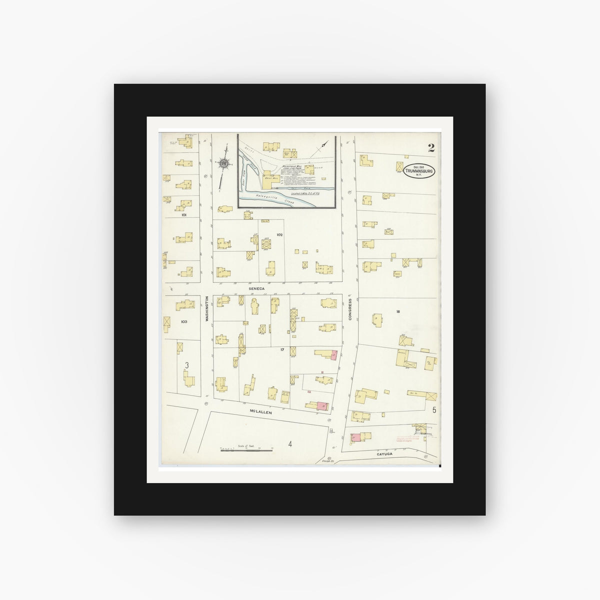 Old map wall art mockup — black gallery frame with white mat — Sanborn Fire Insurance Map from Trumansburg, Tompkins County, New York (1910), Sheet #0002
