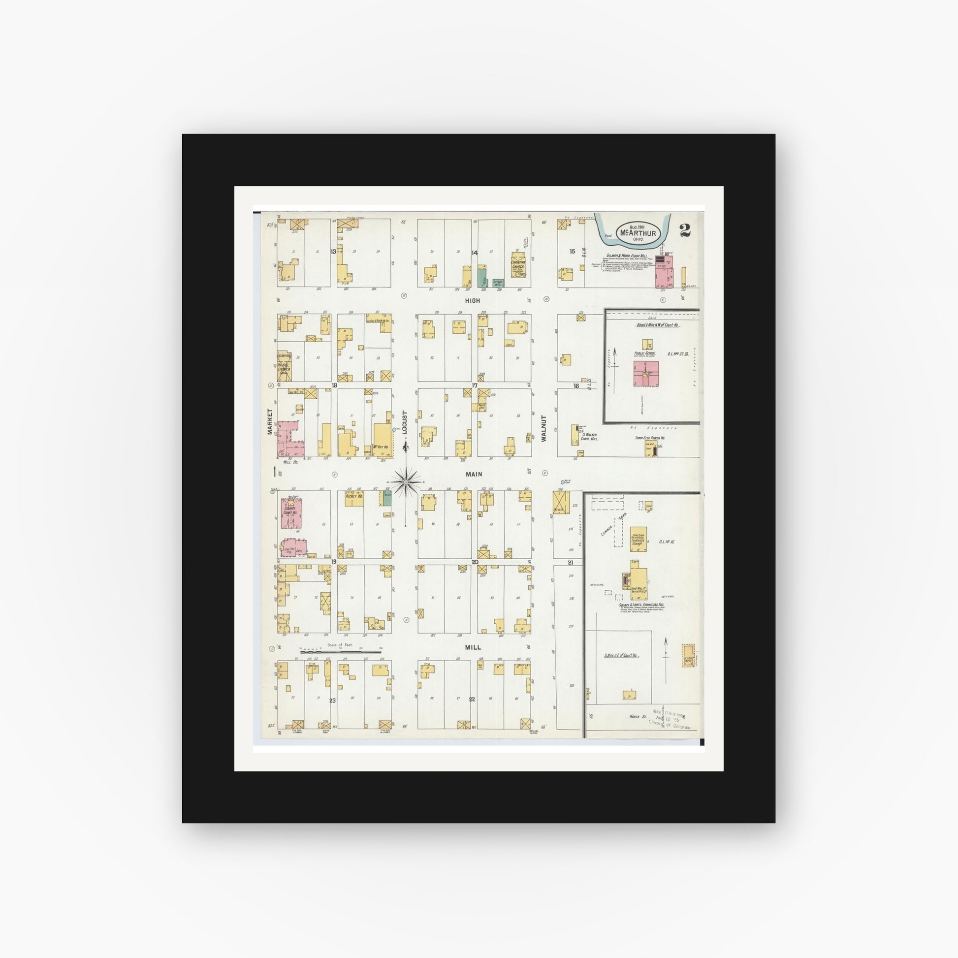 Old map wall art mockup — black gallery frame with white mat — Sanborn Fire Insurance Map from McArthur, Vinton County, Ohio (1901), Sheet #0002