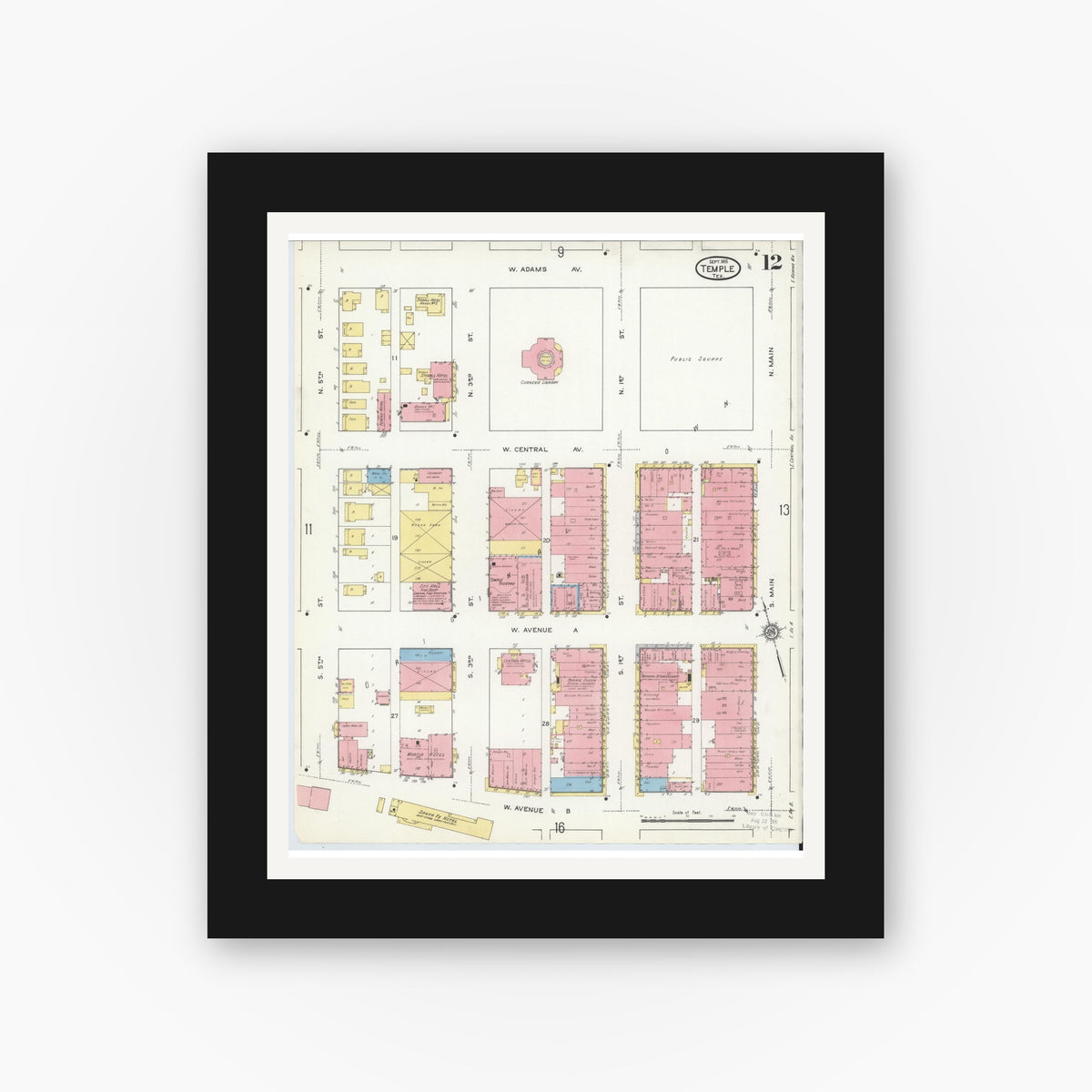 Old map wall art mockup — black gallery frame with white mat — Sanborn Fire Insurance Map from Temple, Bell County, Texas (1915), Sheet #0012