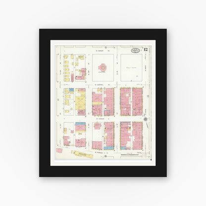 Old map wall art mockup — black gallery frame with white mat — Sanborn Fire Insurance Map from Temple, Bell County, Texas (1915), Sheet #0012