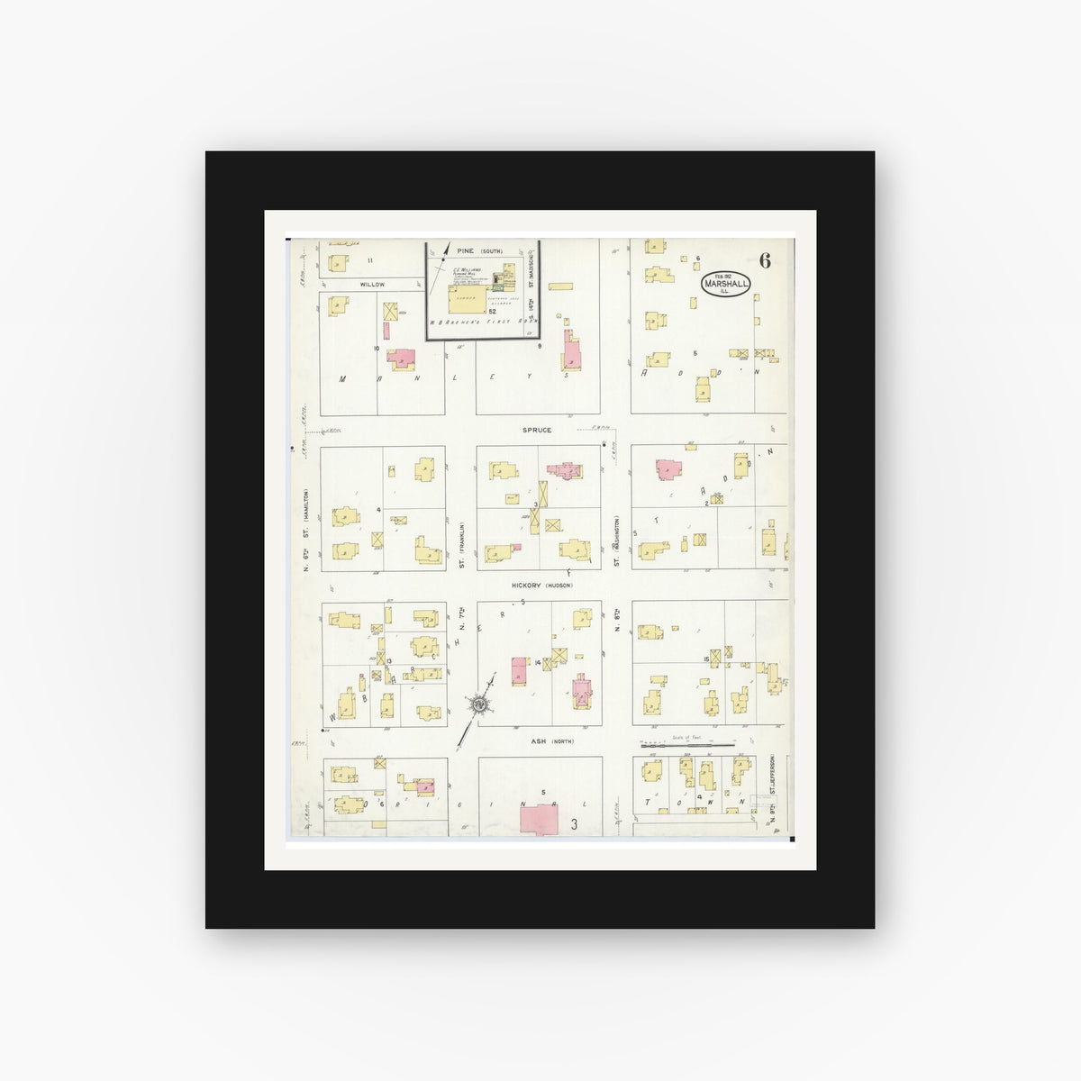 Old map wall art mockup — black gallery frame with white mat — Sanborn Fire Insurance Map from Marshall, Clark County, Illinois (1912), Sheet #0006