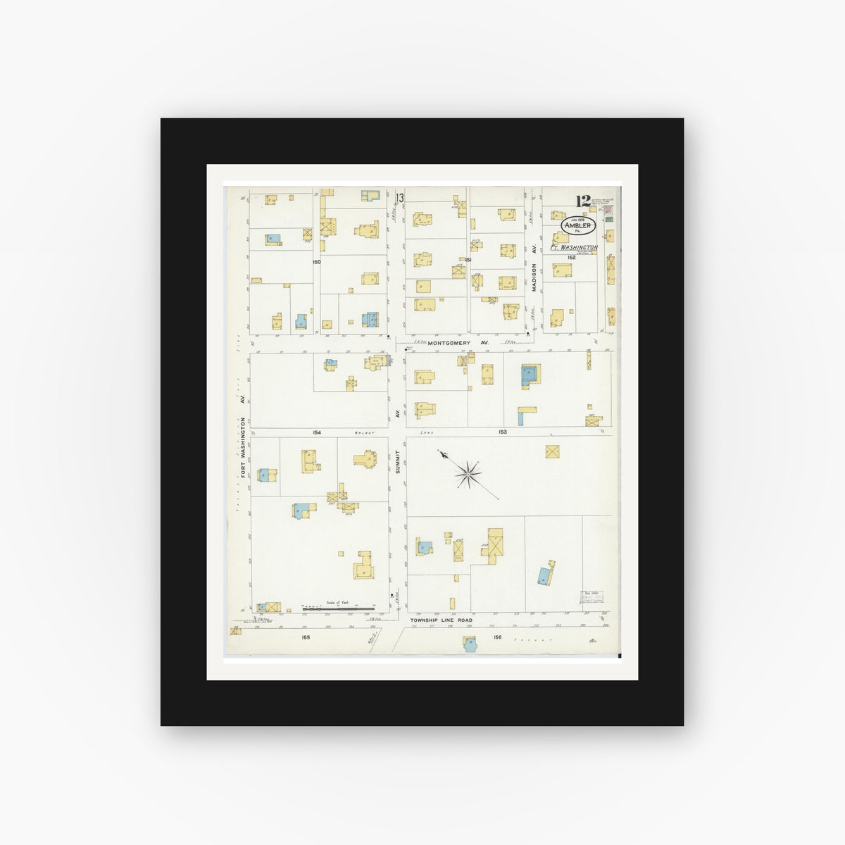 Old map wall art mockup — black gallery frame with white mat — Sanborn Fire Insurance Map from Ambler, Montgomery County, Pennsylvania (1909), Sheet #0012