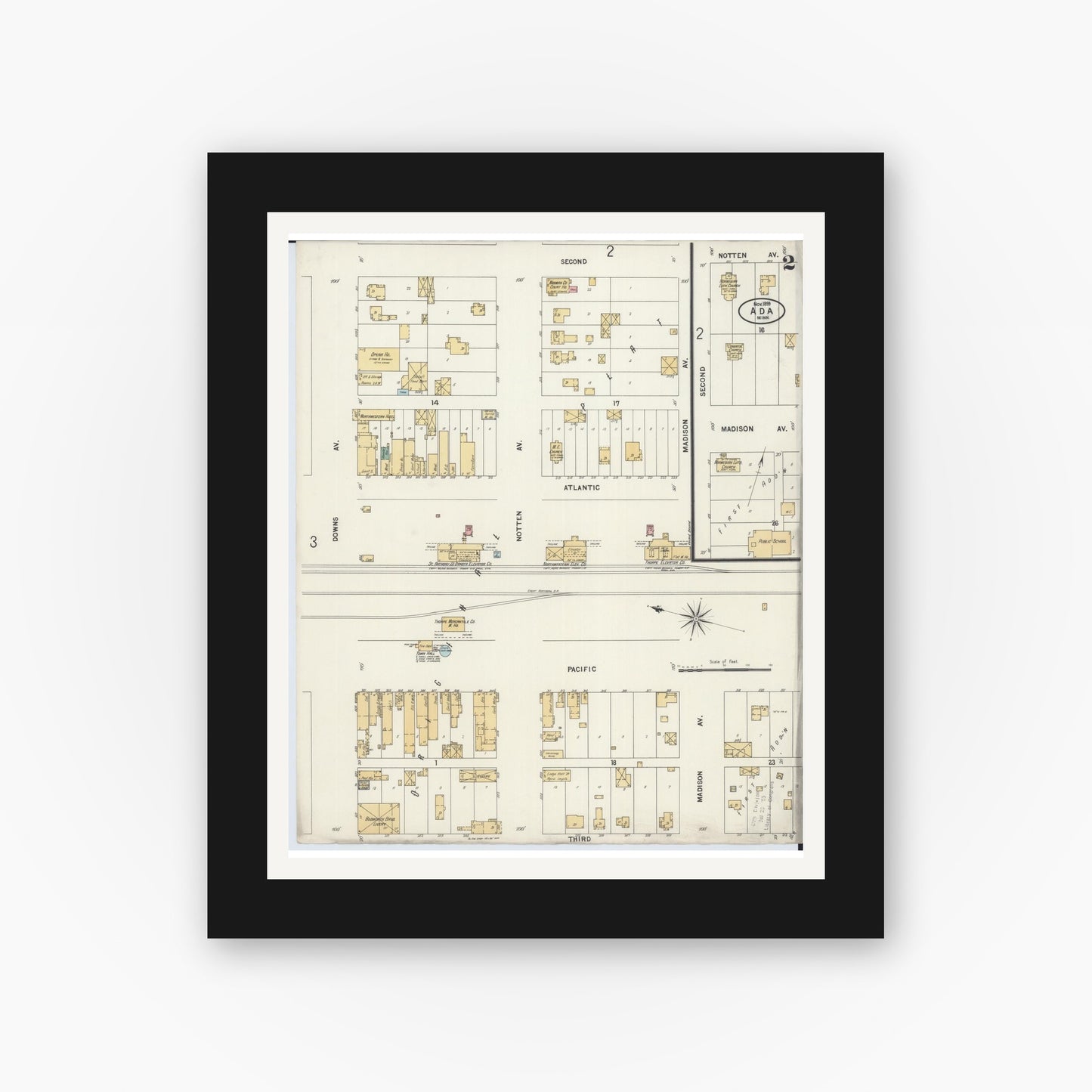 Old map wall art mockup — black gallery frame with white mat — Sanborn Fire Insurance Map from Ada, Norman County, Minnesota (1899), Sheet #0002