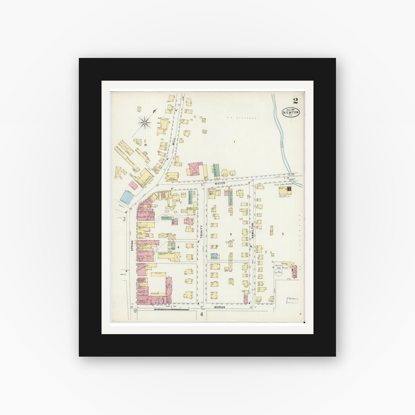 Old map wall art mockup — black gallery frame with white mat — Sanborn Fire Insurance Map from Newton, Sussex County, New Jersey (1897), Sheet #0002