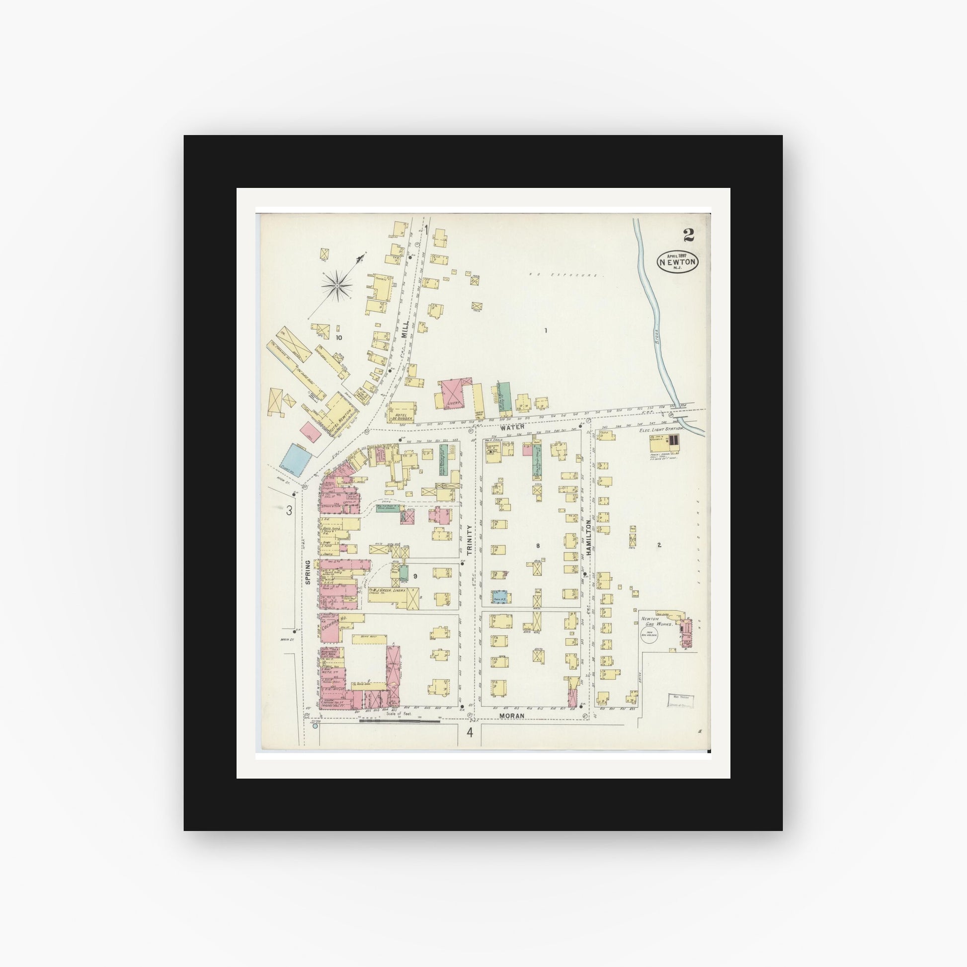 Old map wall art mockup — black gallery frame with white mat — Sanborn Fire Insurance Map from Newton, Sussex County, New Jersey (1897), Sheet #0002