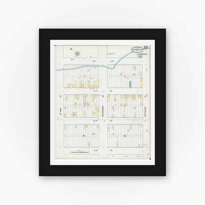 Old map wall art mockup — black gallery frame with white mat — Sanborn Fire Insurance Map from Superior, Douglas County, Wisconsin (1889), Sheet #0018