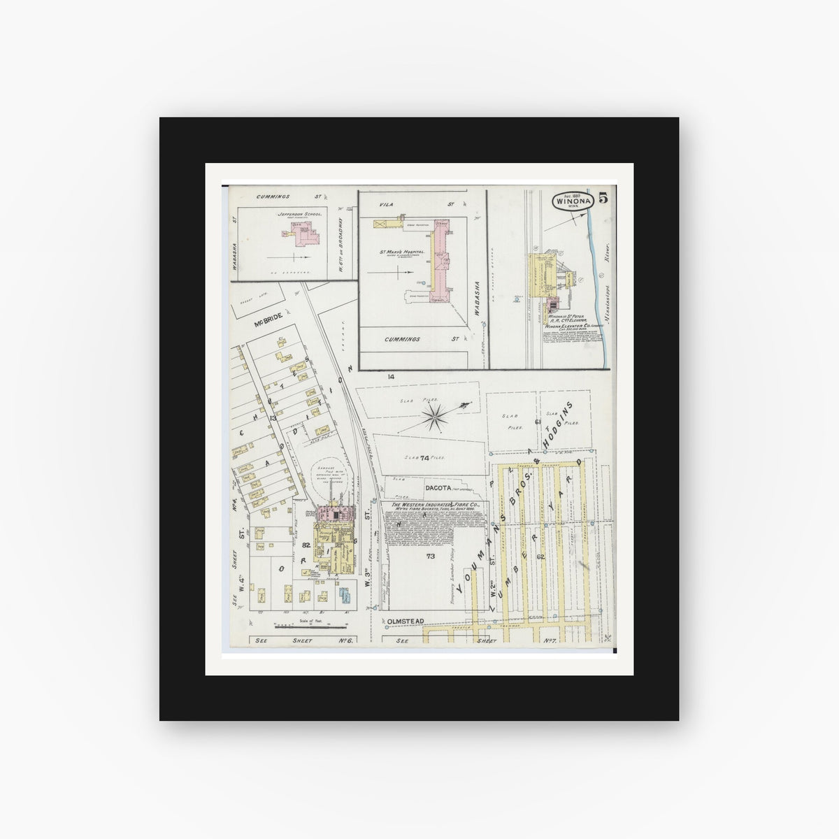 Old map wall art mockup — black gallery frame with white mat — Sanborn Fire Insurance Map from Winona, Winona County, Minnesota (1889), Sheet #0005