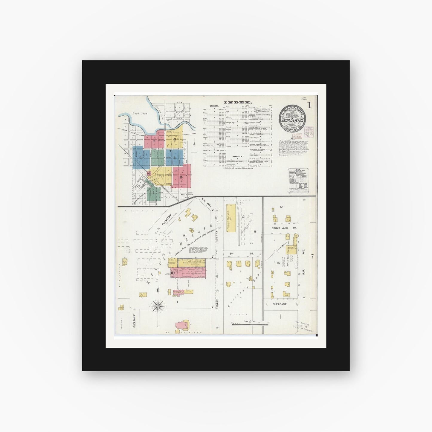 Old map wall art mockup — black gallery frame with white mat — Sanborn Fire Insurance Map from Sauk Centre, Stearns County, Minnesota (1903) - Complete Map Set