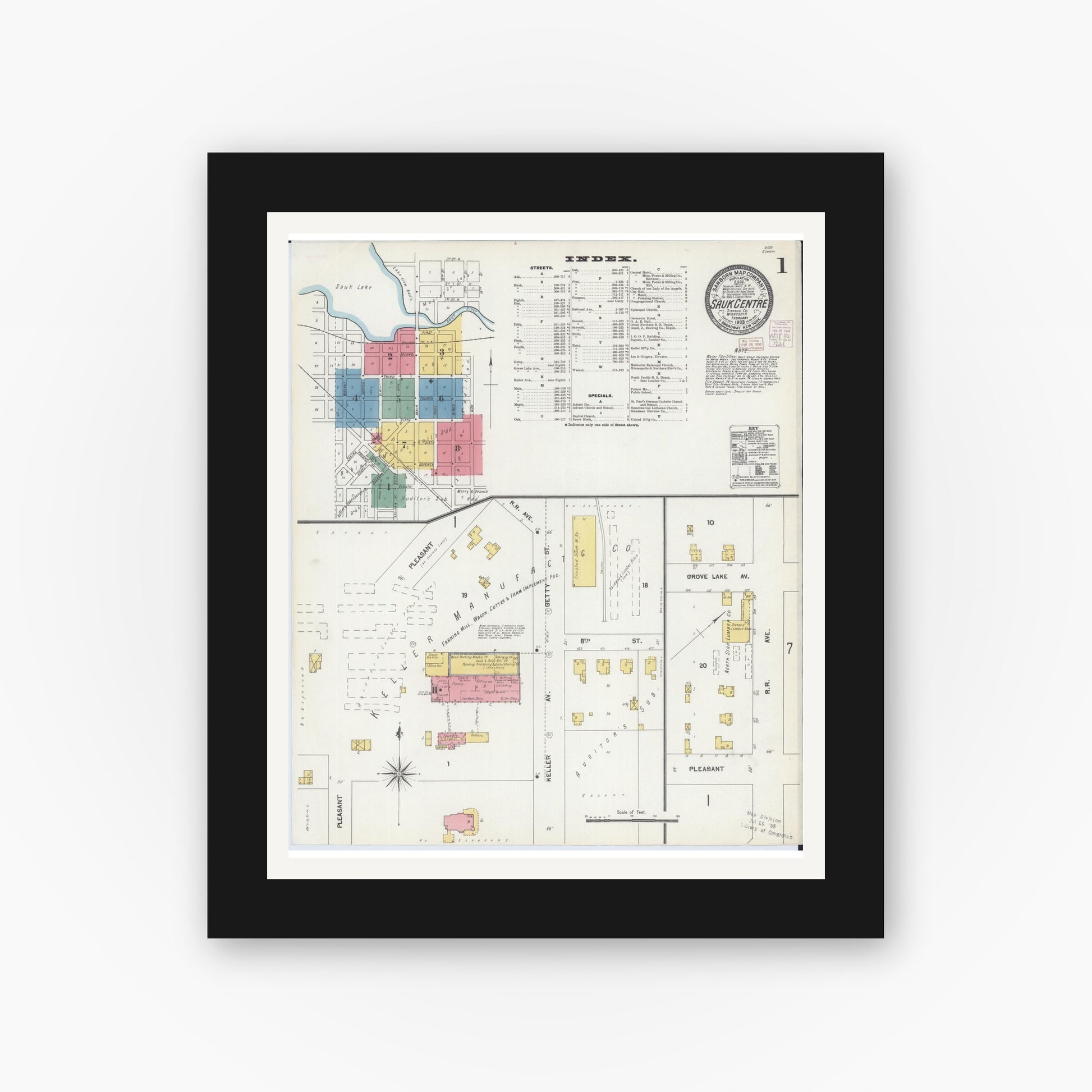Old map wall art mockup — black gallery frame with white mat — Sanborn Fire Insurance Map from Sauk Centre, Stearns County, Minnesota (1903) - Complete Map Set
