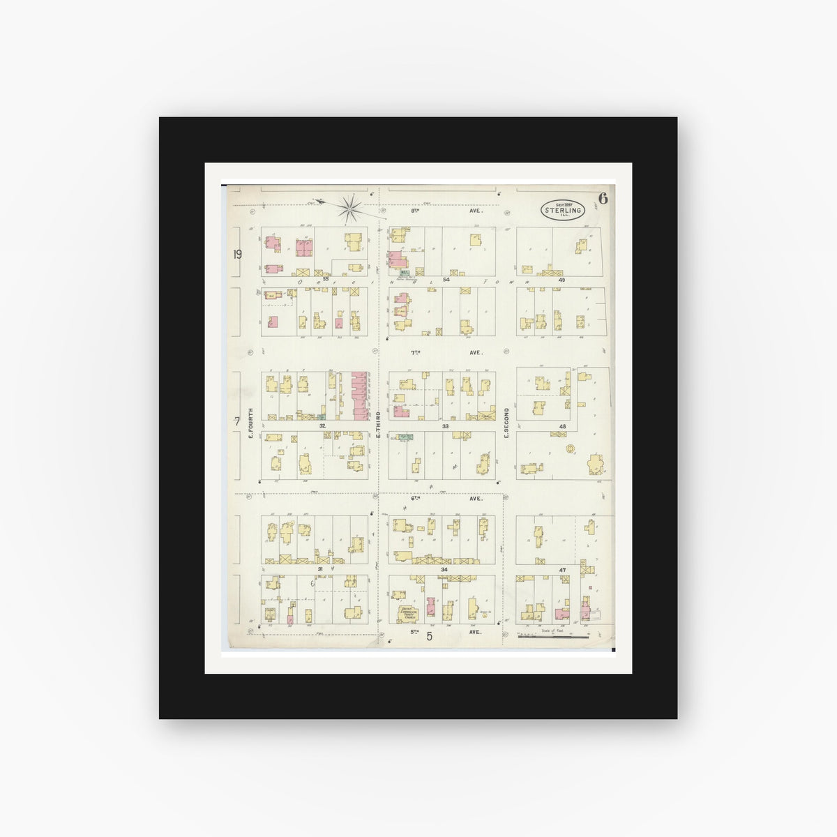 Old map wall art mockup — black gallery frame with white mat — Sanborn Fire Insurance Map from Sterling, Whiteside County, Illinois (1897), Sheet #0006