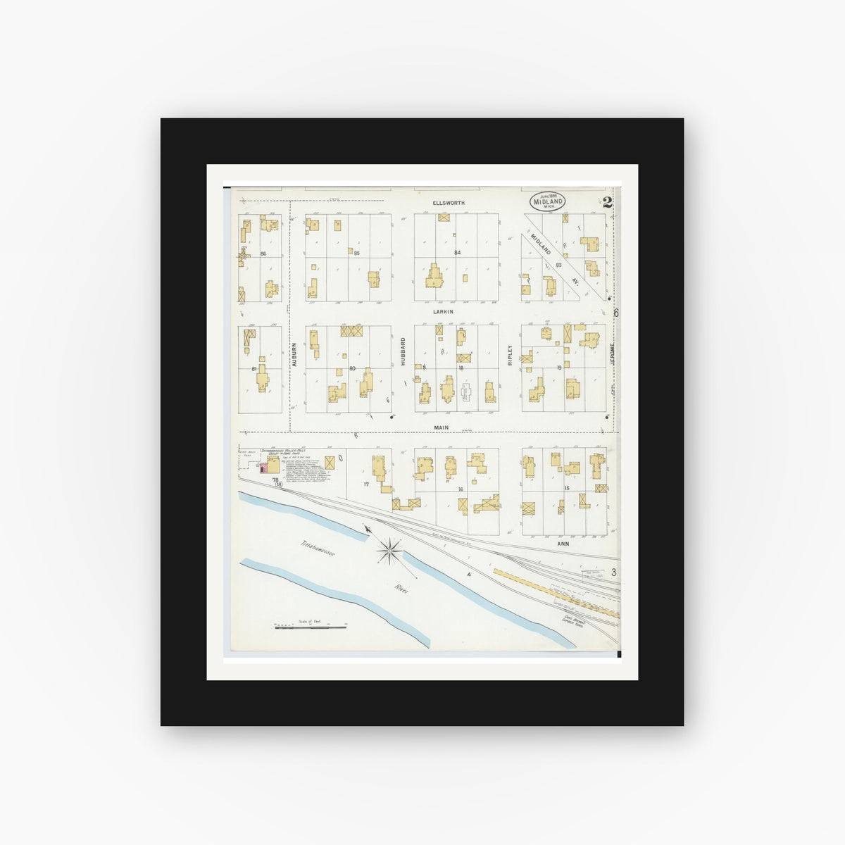 Old map wall art mockup — black gallery frame with white mat — Sanborn Fire Insurance Map from Midland, Midland County, Michigan (1899), Sheet #0002