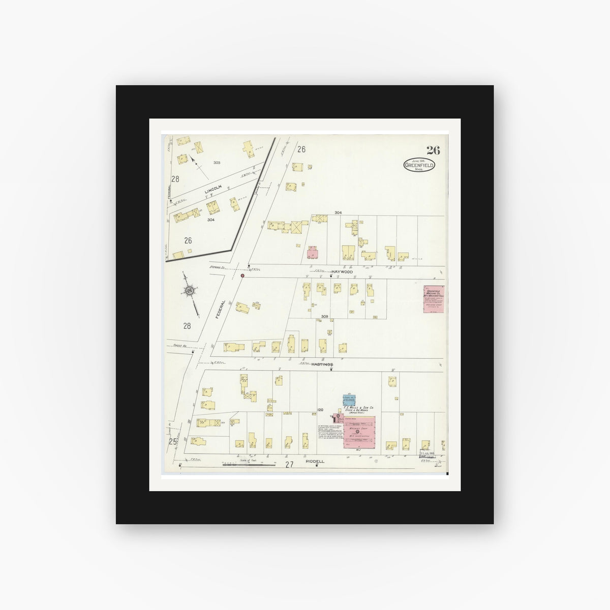 Old map wall art mockup — black gallery frame with white mat — Sanborn Fire Insurance Map from Greenfield, Franklin County, Massachusetts (1914), Sheet #0026