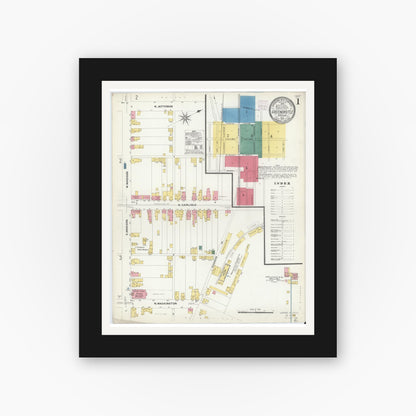 Old map wall art mockup — black gallery frame with white mat — Sanborn Fire Insurance Map from Greencastle, Franklin County, Pennsylvania (1907), Sheet #0001