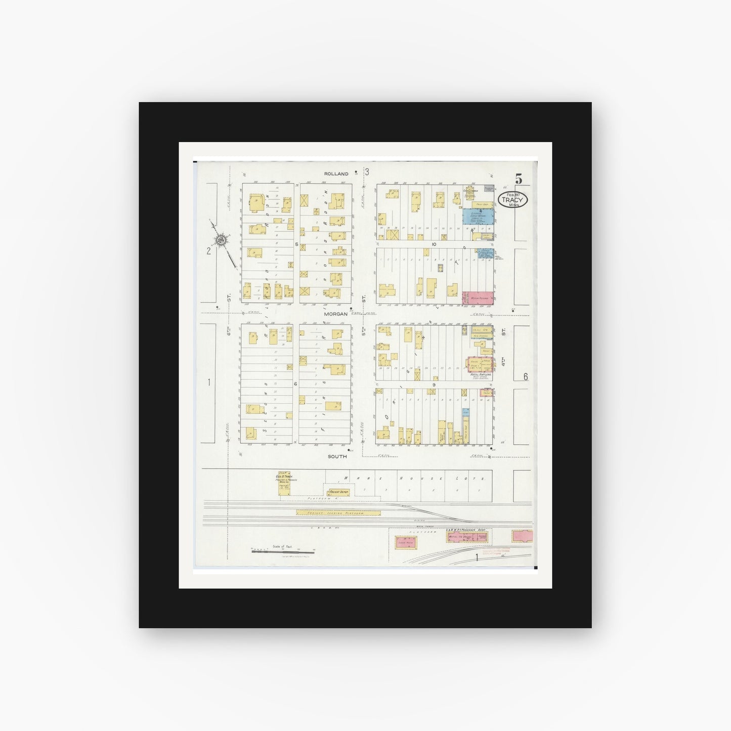 Old map wall art mockup — black gallery frame with white mat — Sanborn Fire Insurance Map from Tracy, Lyon County, Minnesota (1917), Sheet #0005