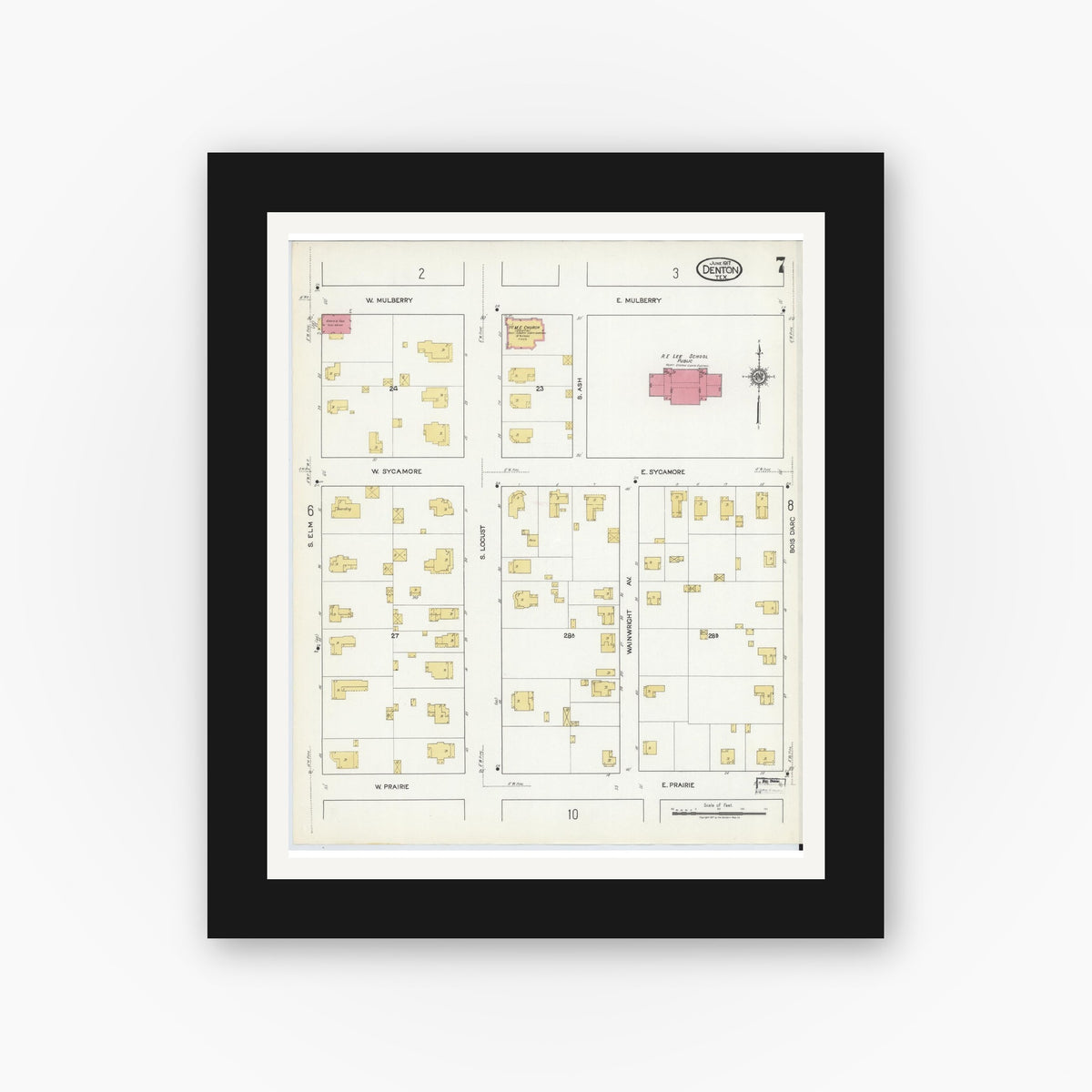 Old map wall art mockup — black gallery frame with white mat — Sanborn Fire Insurance Map from Denton, Denton County, Texas (1917), Sheet #0007