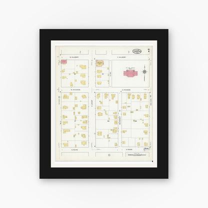 Old map wall art mockup — black gallery frame with white mat — Sanborn Fire Insurance Map from Denton, Denton County, Texas (1917), Sheet #0007