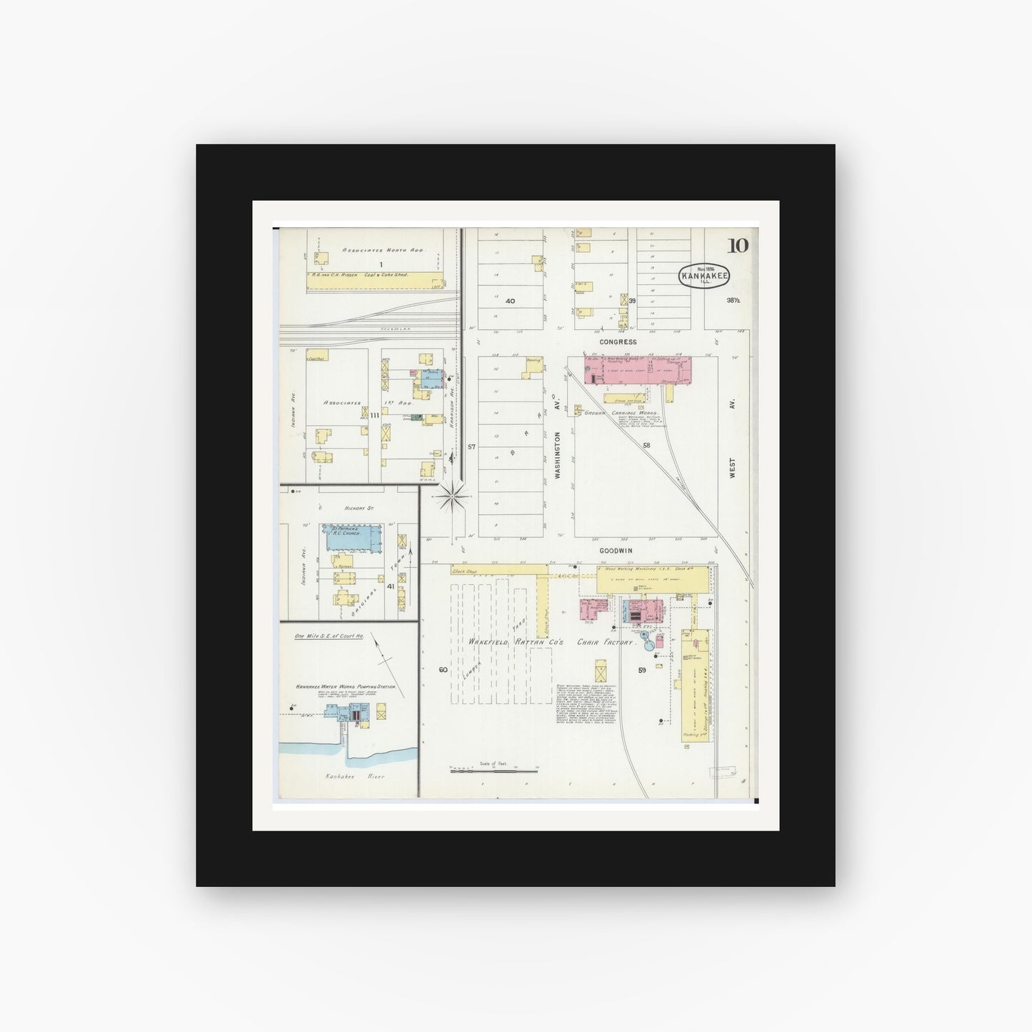 Old map wall art mockup — black gallery frame with white mat — Sanborn Fire Insurance Map from Kankakee, Kankakee County, Illinois (1896), Sheet #0010