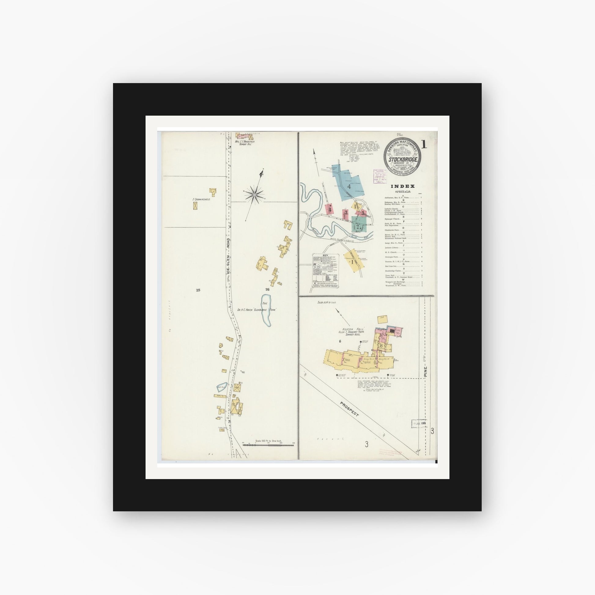 Old map wall art mockup — black gallery frame with white mat — Sanborn Fire Insurance Map from Stockbridge, Berkshire County, Massachusetts (1905), Sheet #0001