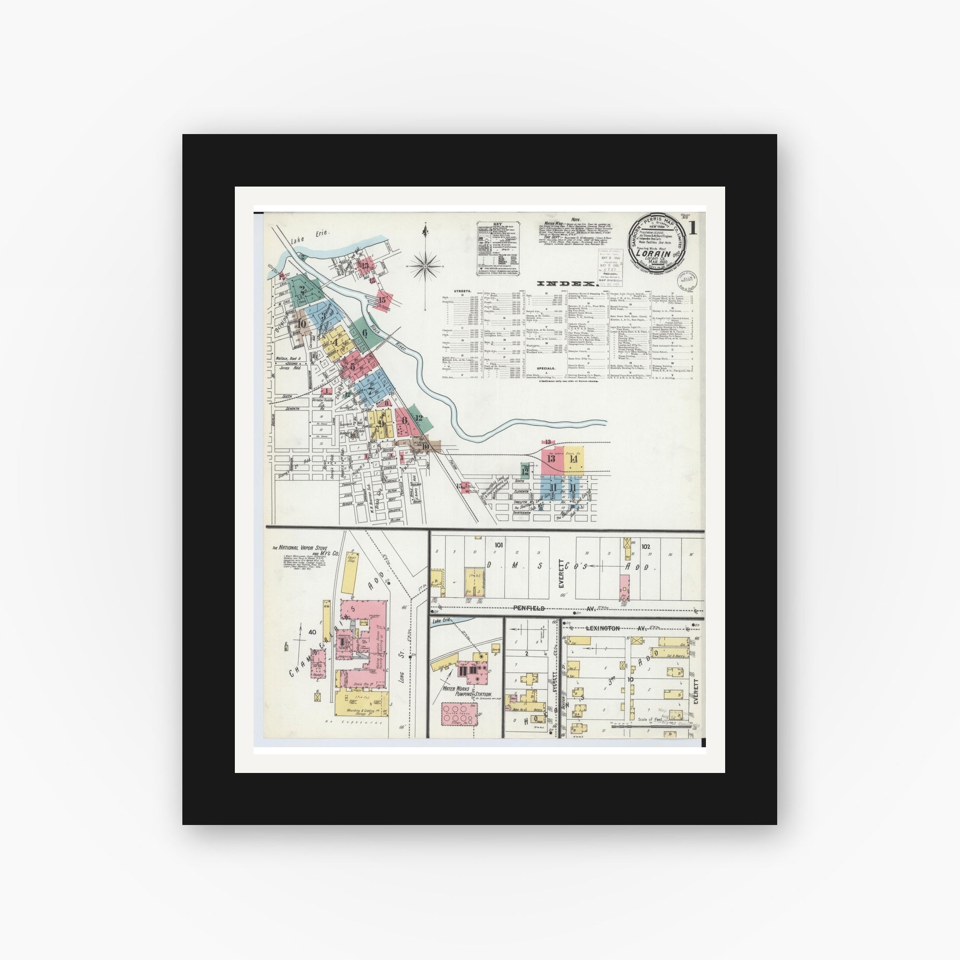 Old map wall art mockup — black gallery frame with white mat — Sanborn Fire Insurance Map from Lorain, Lorain County, Ohio (1900) - Complete Map Set