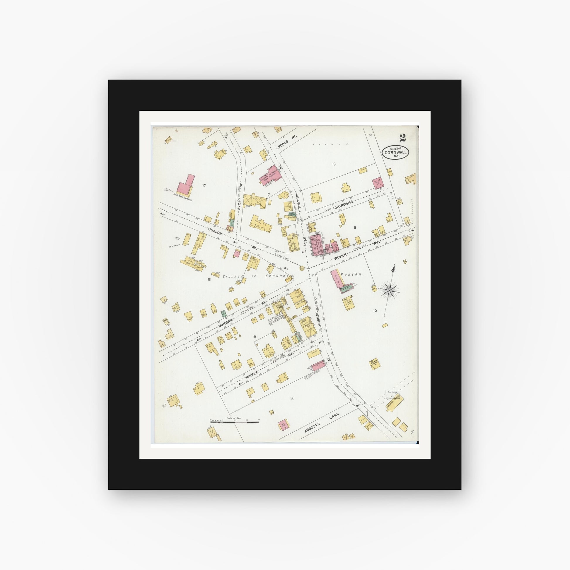 Old map wall art mockup — black gallery frame with white mat — Sanborn Fire Insurance Map from Cornwall, Orange County, New York (1905), Sheet #0002