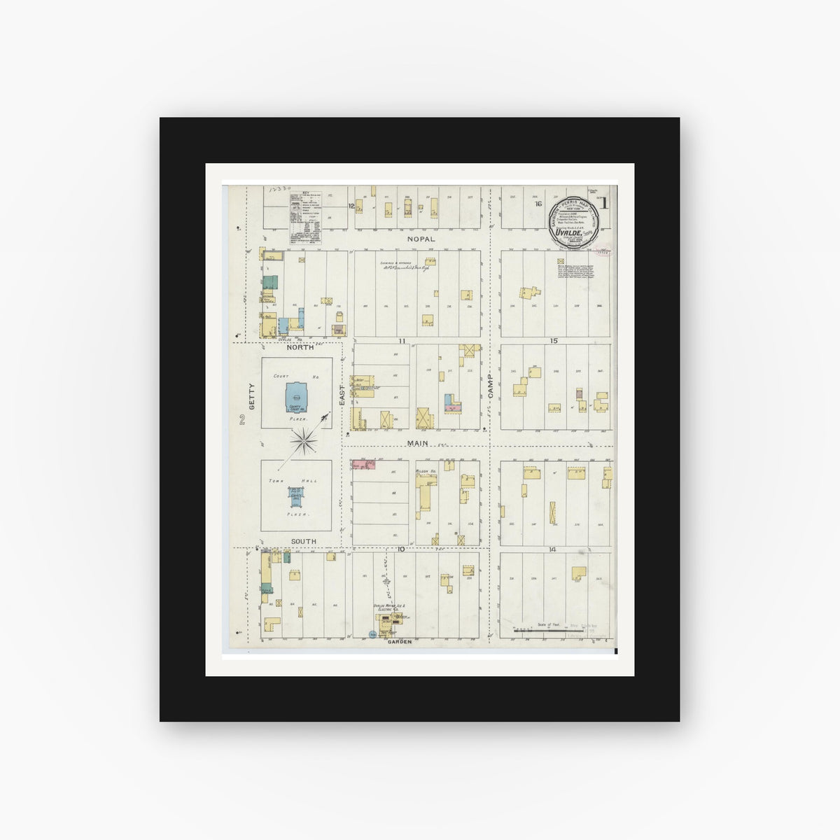 Old map wall art mockup — black gallery frame with white mat — Sanborn Fire Insurance Map from Uvalde, Uvalde County, Texas (1894), Sheet #0001