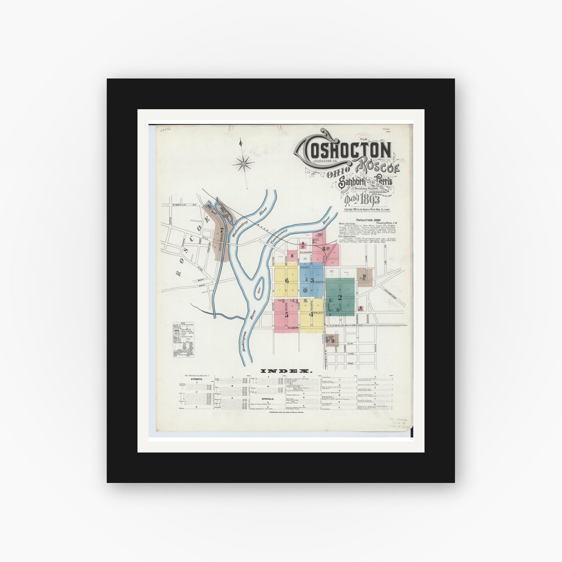 Old map wall art mockup — black gallery frame with white mat — Sanborn Fire Insurance Map from Coshocton, Coshocton County, Ohio (1893), Sheet #0001
