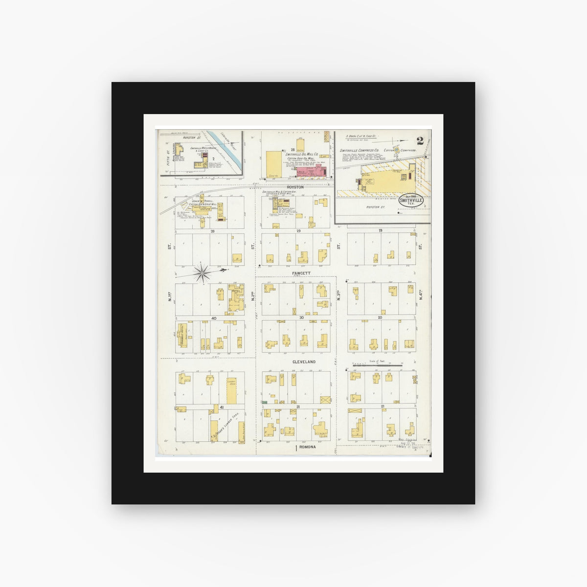 Old map wall art mockup — black gallery frame with white mat — Sanborn Fire Insurance Map from Smithville, Bastrop County, Texas (1900), Sheet #0002