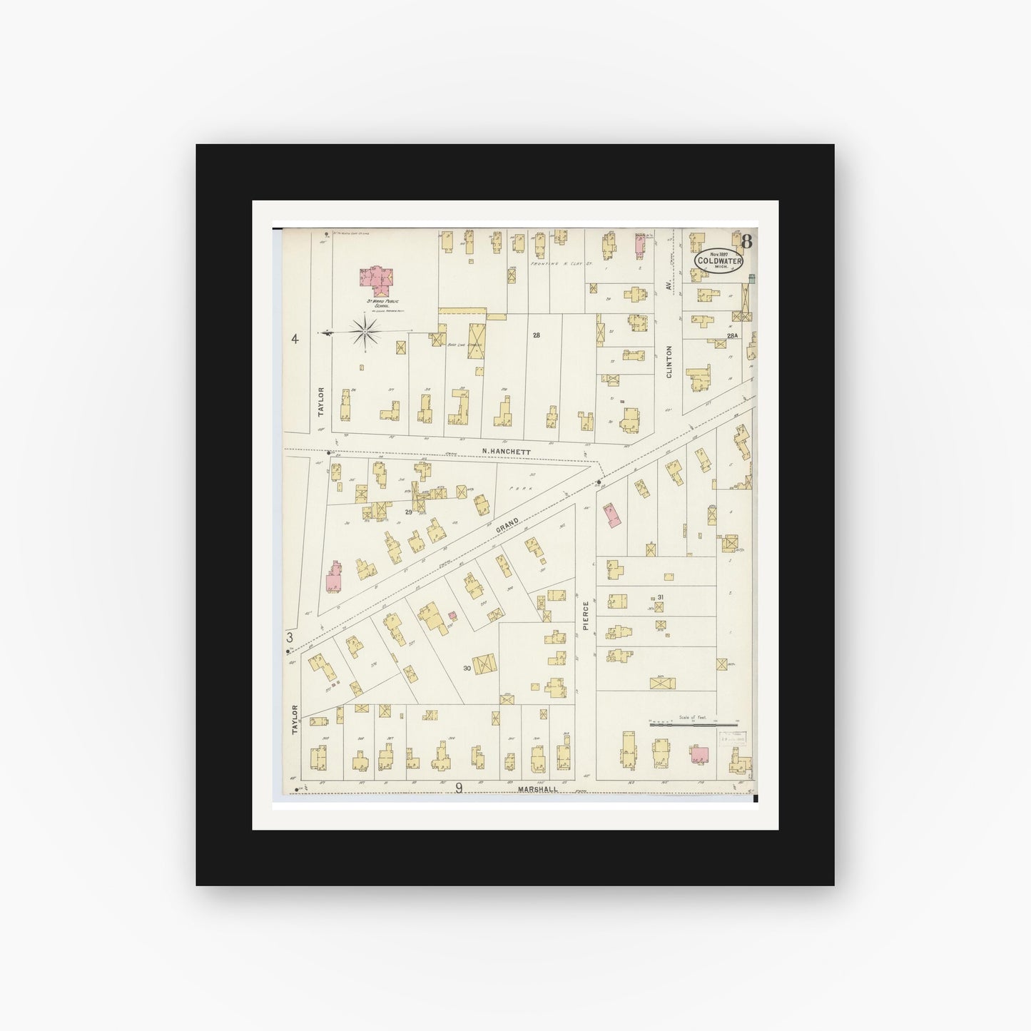 Old map wall art mockup — black gallery frame with white mat — Sanborn Fire Insurance Map from Coldwater, Branch County, Michigan (1897), Sheet #0008