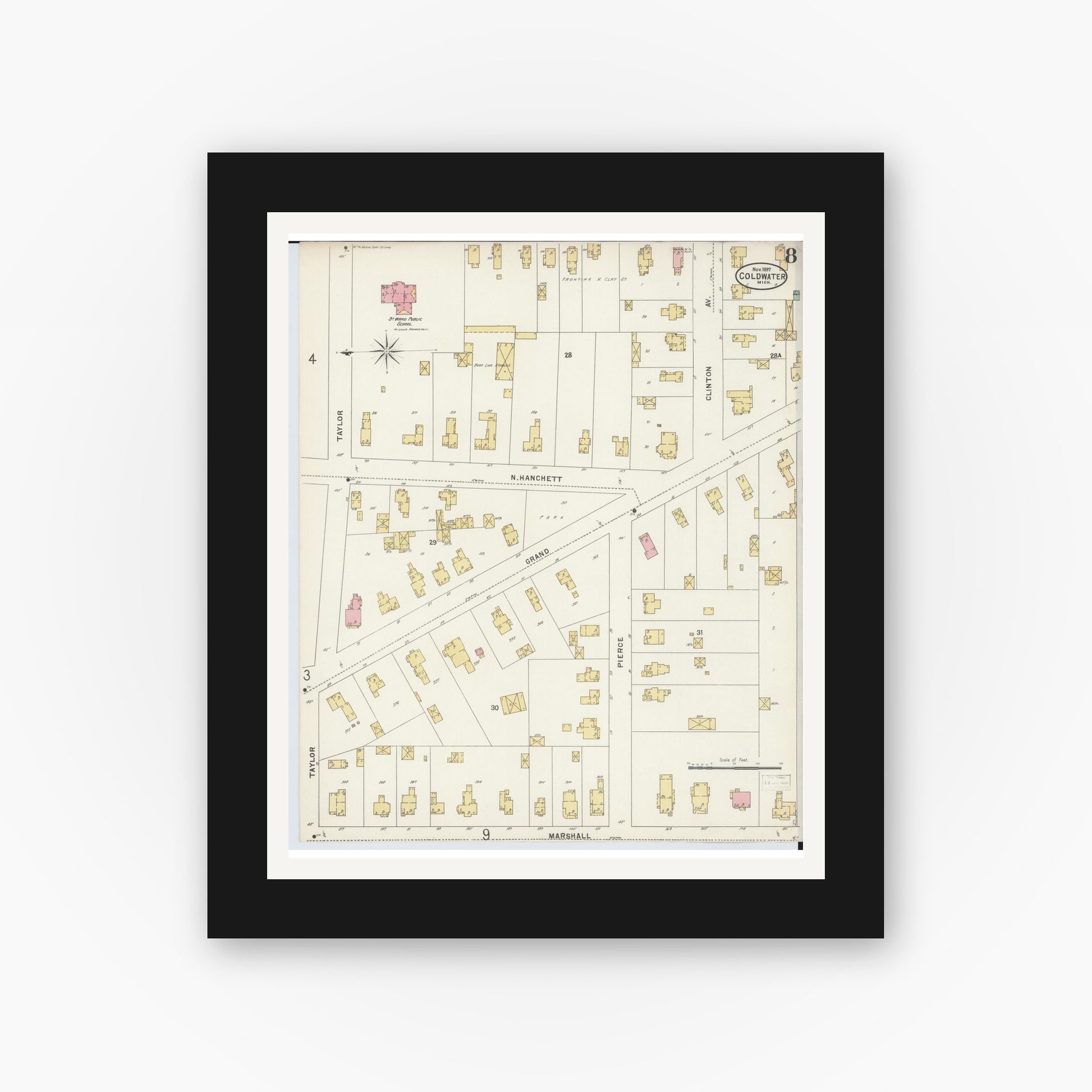 Old map wall art mockup — black gallery frame with white mat — Sanborn Fire Insurance Map from Coldwater, Branch County, Michigan (1897), Sheet #0008