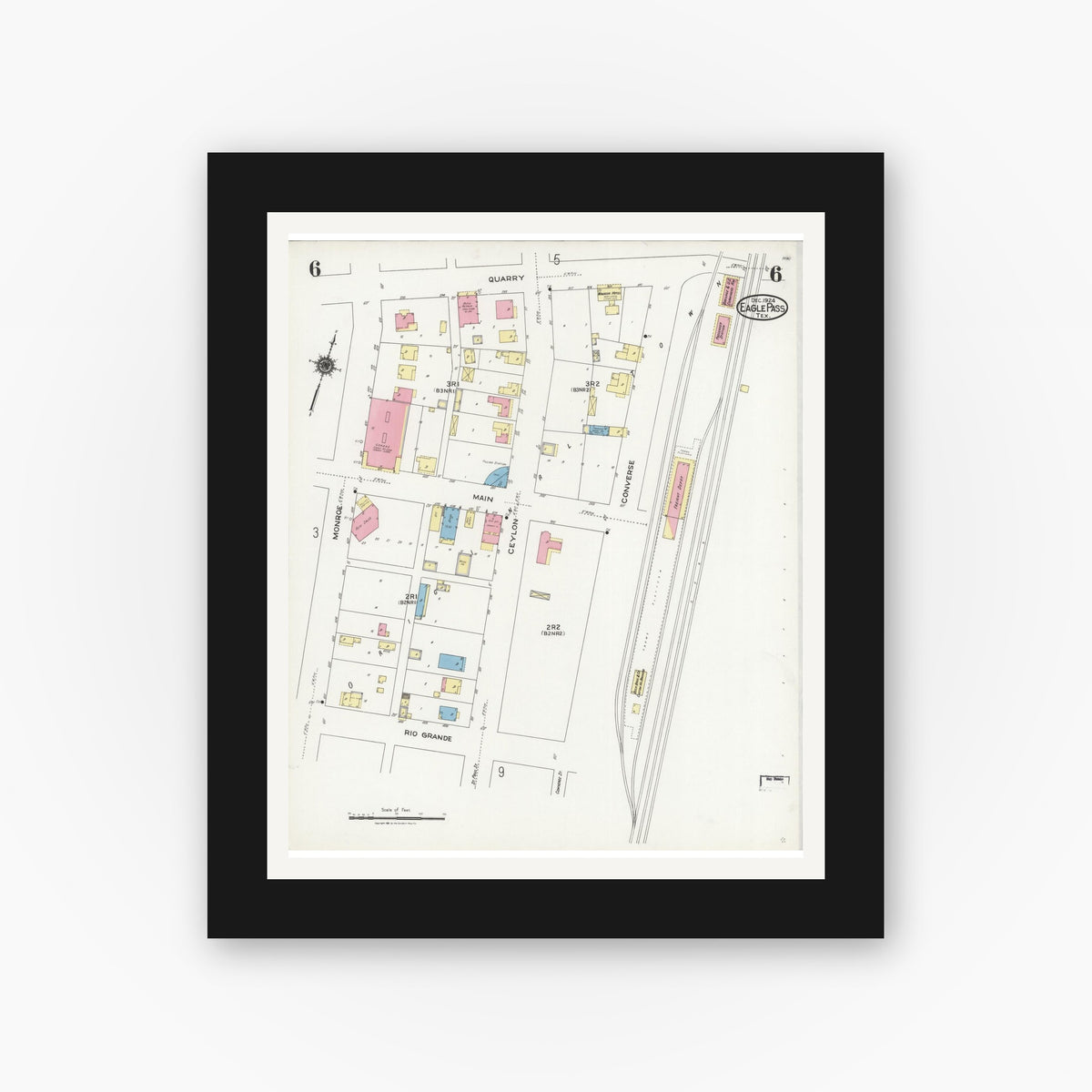 Old map wall art mockup — black gallery frame with white mat — Sanborn Fire Insurance Map from Eagle Pass, Maverick County, Texas (1924), Sheet #0006