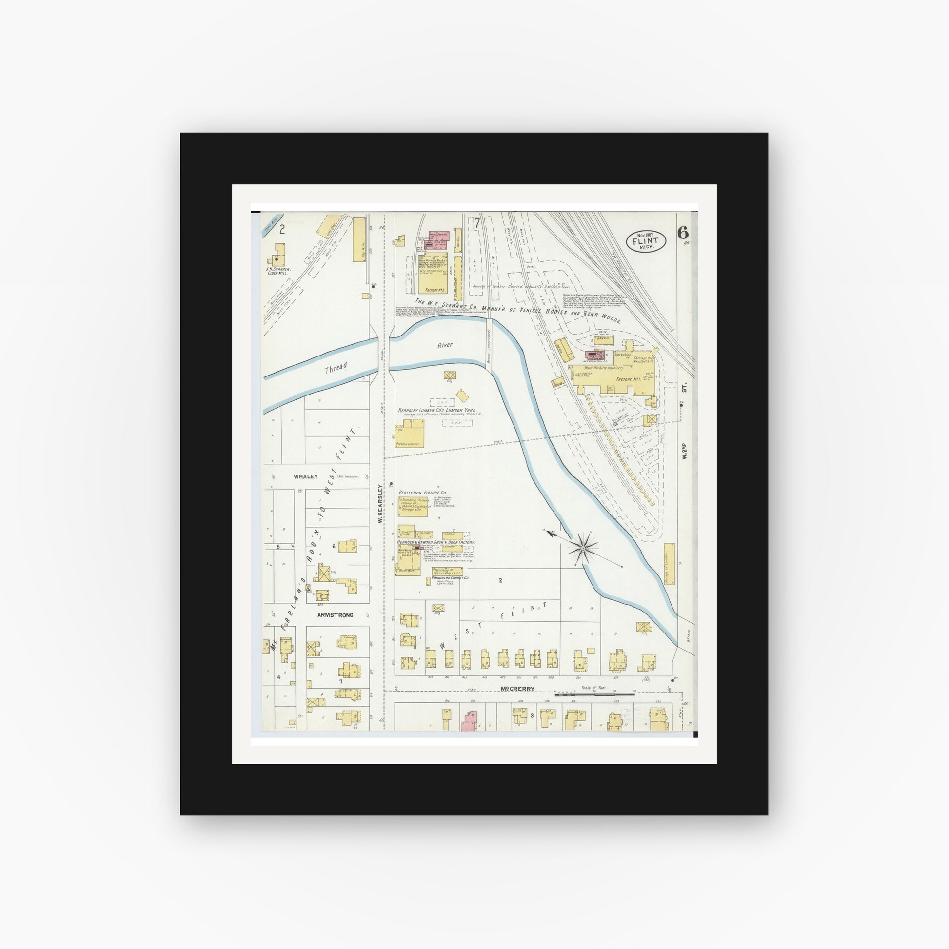 Old map wall art mockup — black gallery frame with white mat — Sanborn Fire Insurance Map from Flint, Genesee County, Michigan (1902), Sheet #0006