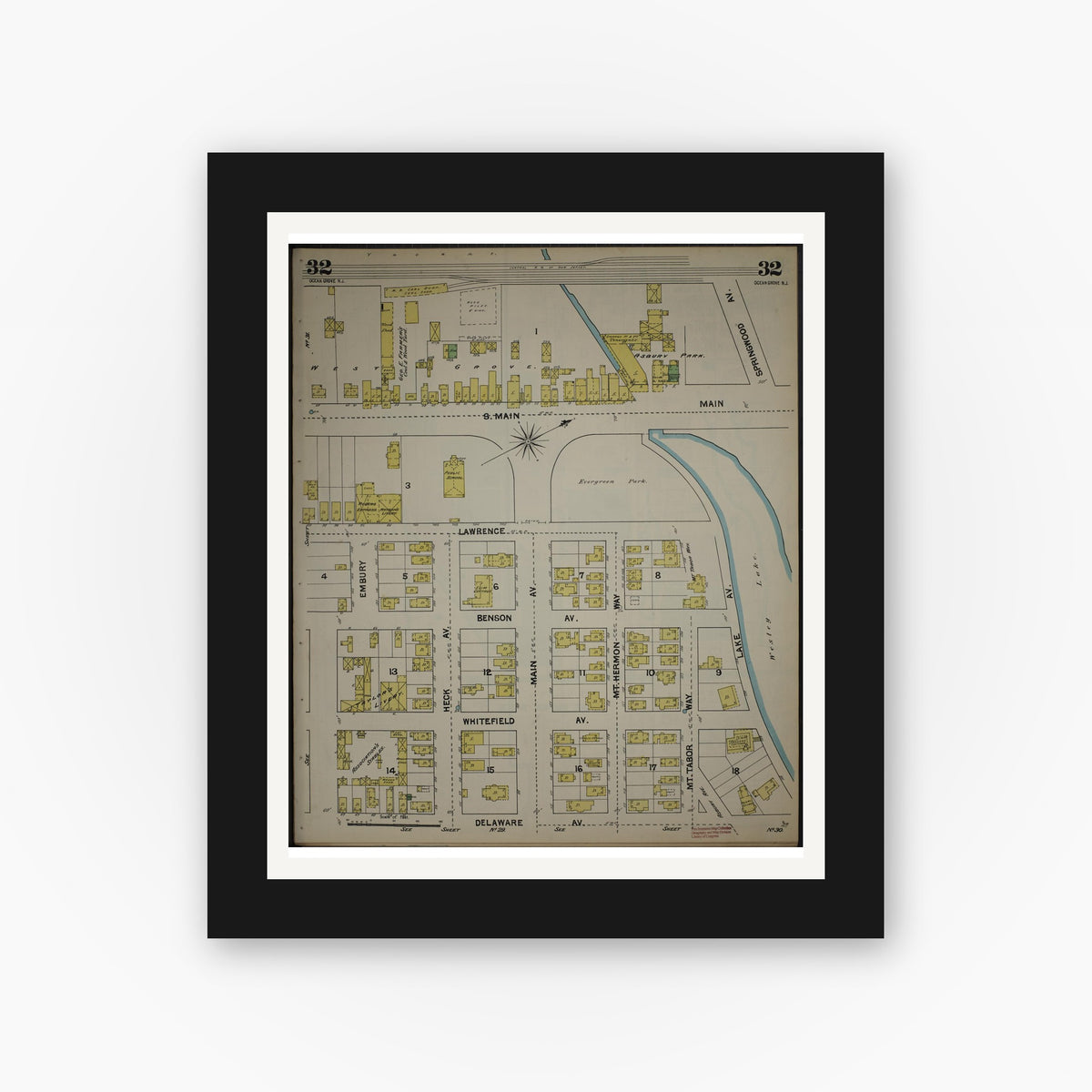Old map wall art mockup — black gallery frame with white mat — Sanborn Fire Insurance Map from New Jersey Coast, New Jersey Coast, New Jersey (1890), Sheet #0032