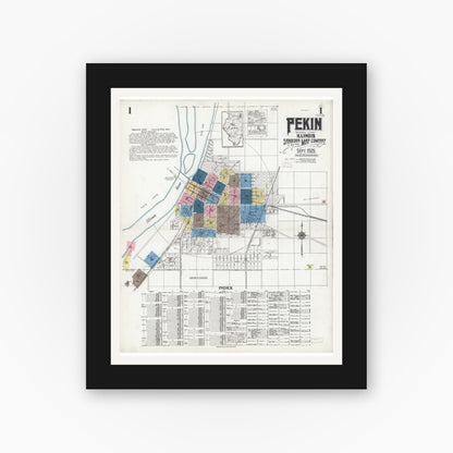 Old map wall art mockup — black gallery frame with white mat — Sanborn Fire Insurance Map from Pekin, Tazewell County, Illinois (1925) - Complete Map Set