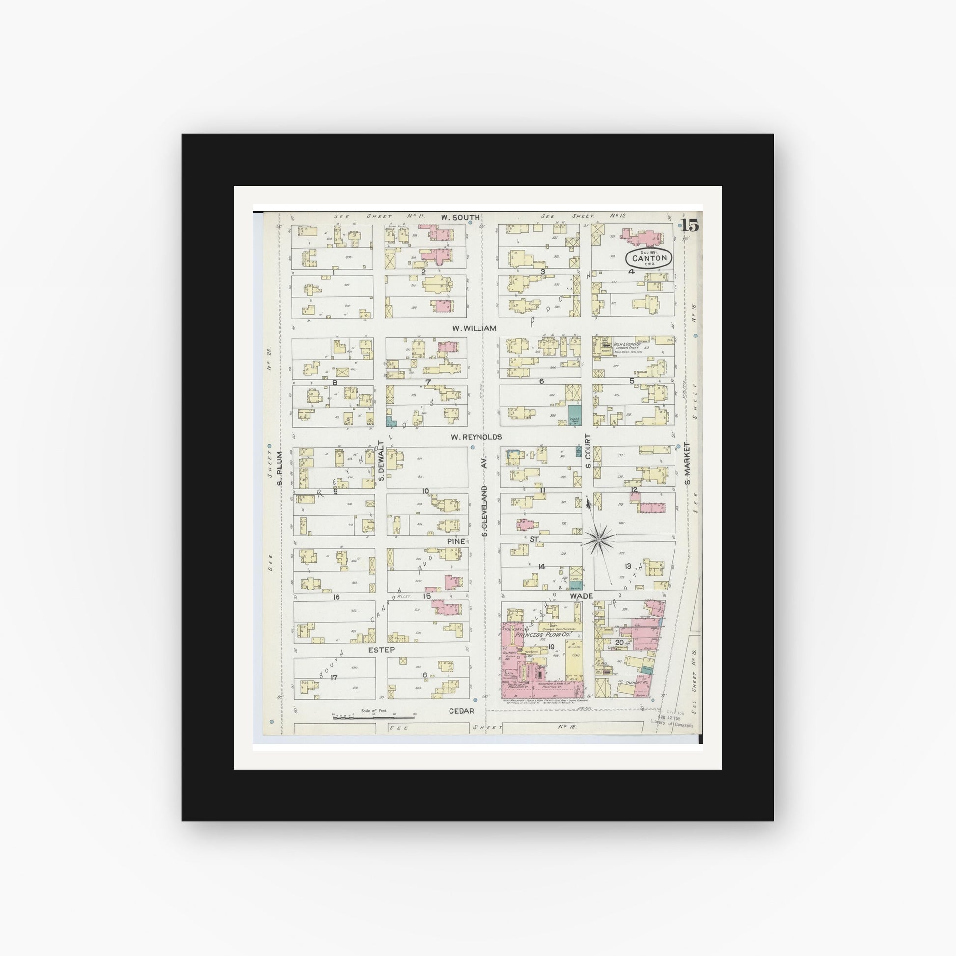 Old map wall art mockup — black gallery frame with white mat — Sanborn Fire Insurance Map from Canton, Stark County, Ohio (1891), Sheet #0015